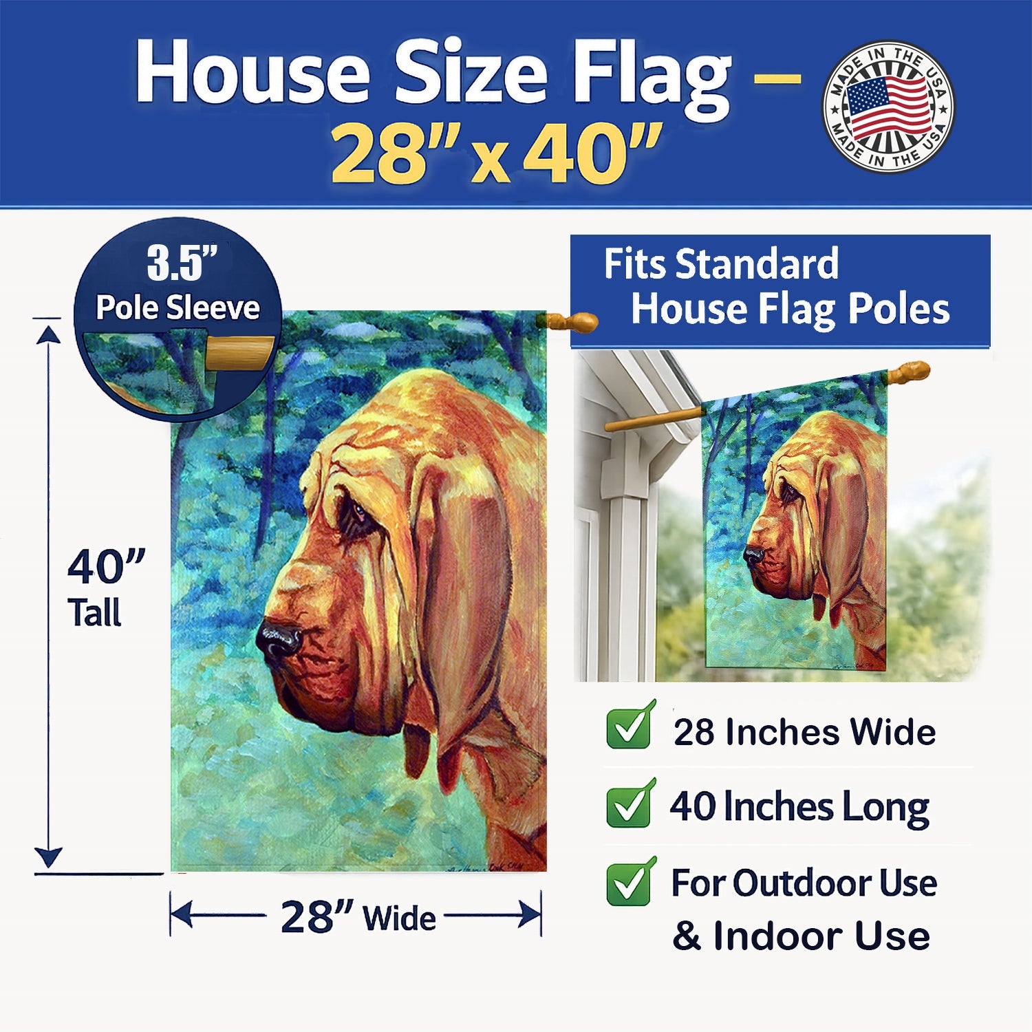Bloodhound House Flag 28x40 Porch Sleeve Pole Decorative Outside Yard Banner Artwork Wall Hanging, Polyester