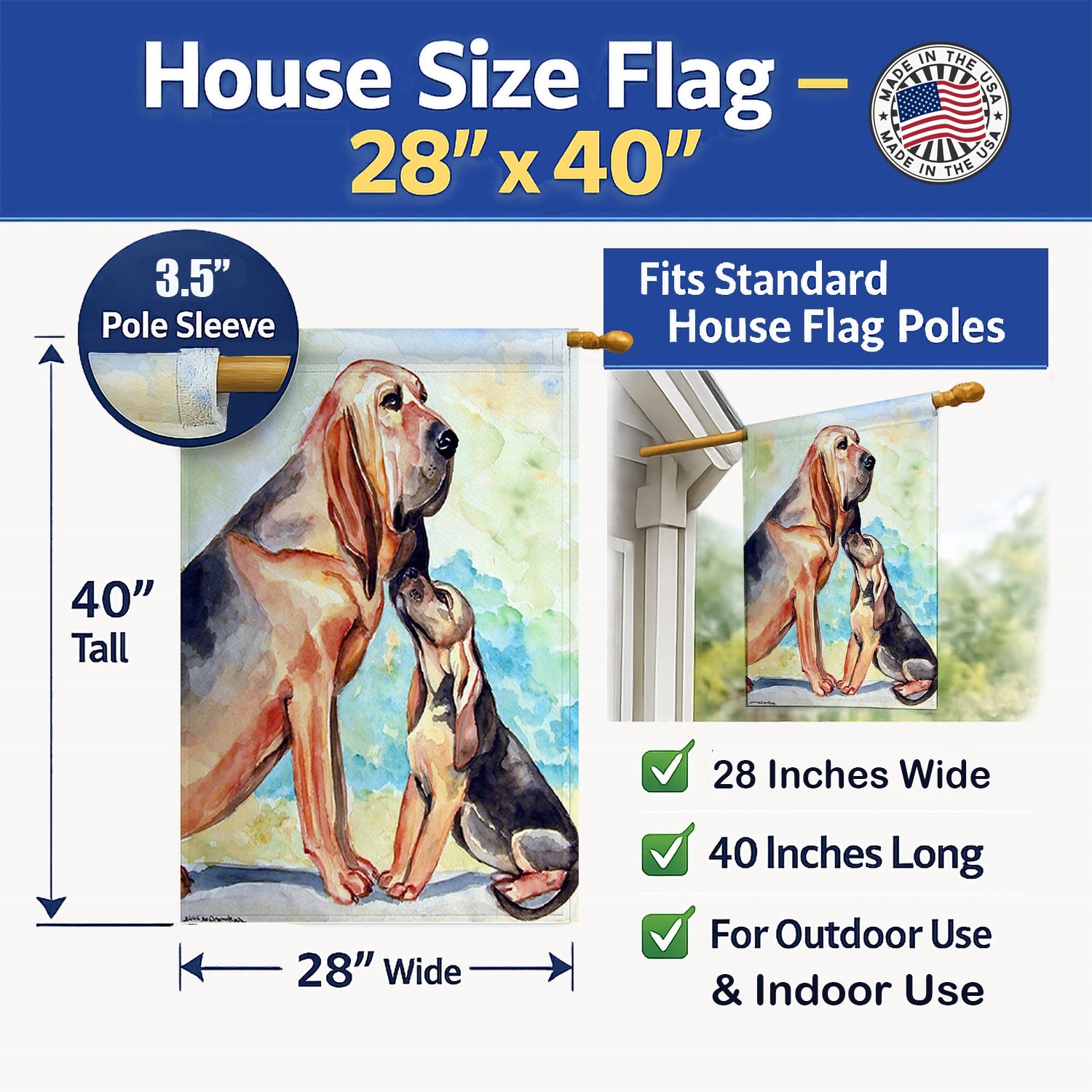 Bloodhound Momma's Love House Flag 28x40 Porch Sleeve Pole Decorative Outside Yard Banner Artwork Wall Hanging, Polyester