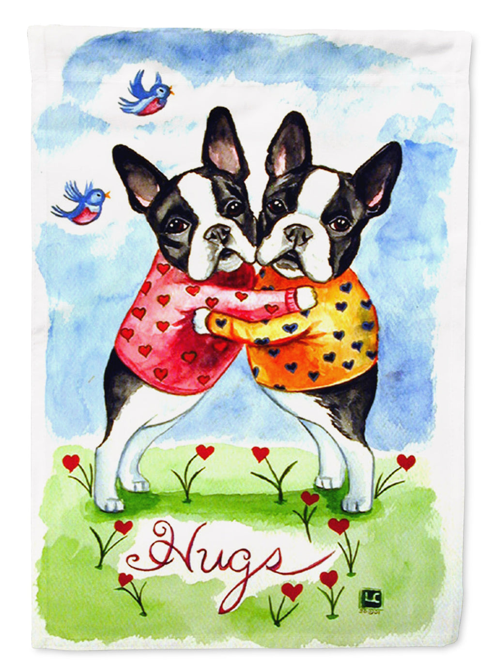 Hugs Boston Terrier House Flag 28x40 Porch Sleeve Pole Decorative Outside Yard Banner Artwork Wall Hanging, Polyester