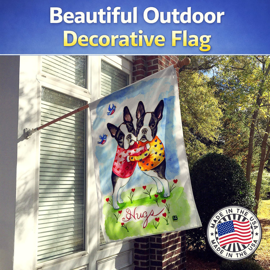 Hugs Boston Terrier House Flag 28x40 Porch Sleeve Pole Decorative Outside Yard Banner Artwork Wall Hanging, Polyester