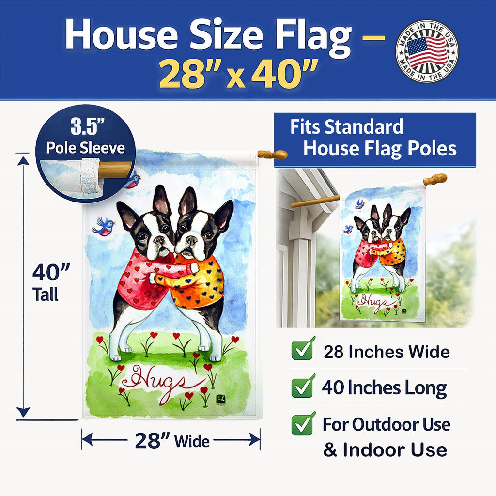Hugs Boston Terrier House Flag 28x40 Porch Sleeve Pole Decorative Outside Yard Banner Artwork Wall Hanging, Polyester