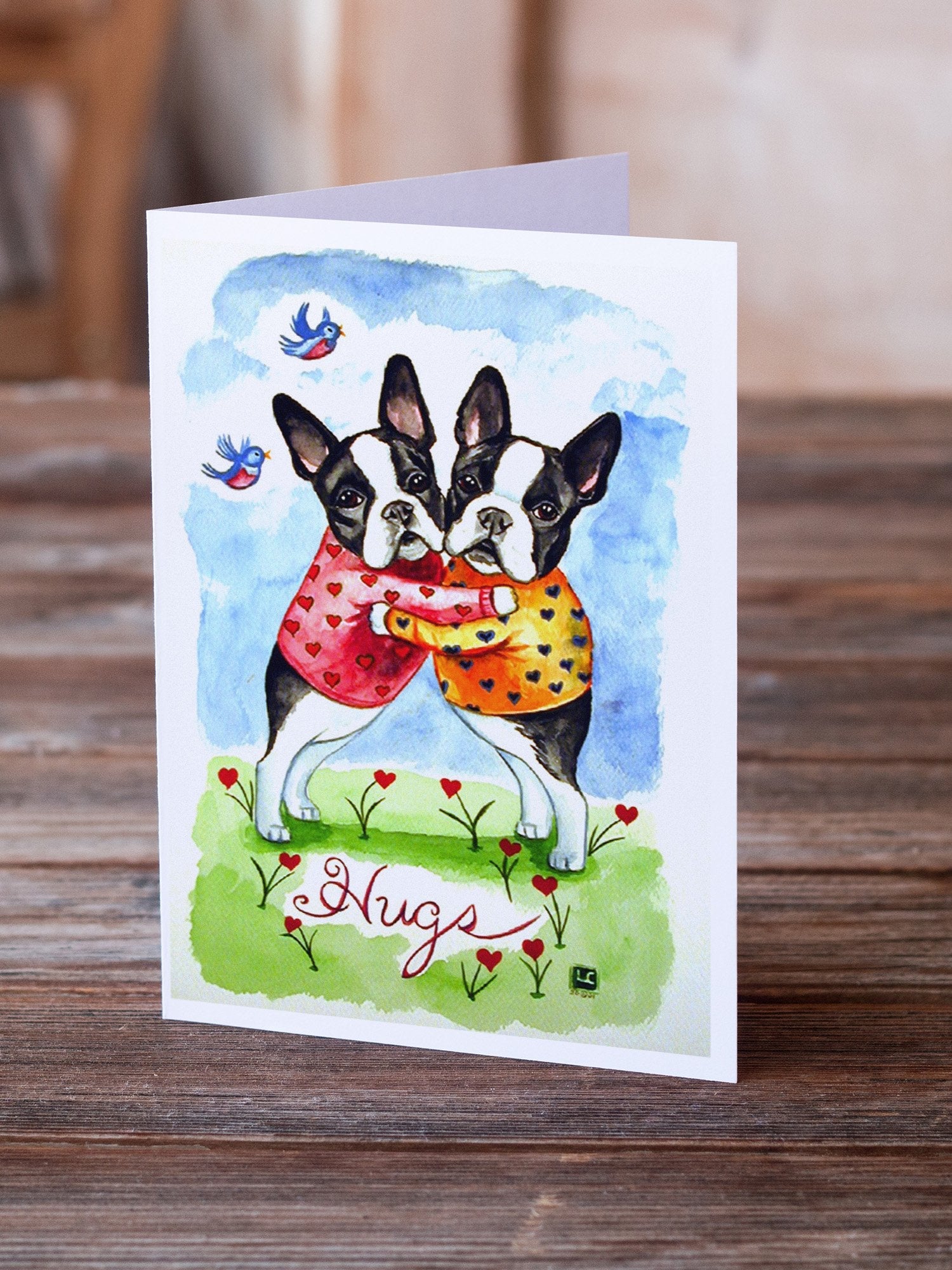 Hugs Boston Terrier Greeting Cards Pack of 8 Blank Cards with Envelopes Whimsical A7 Size 5x7