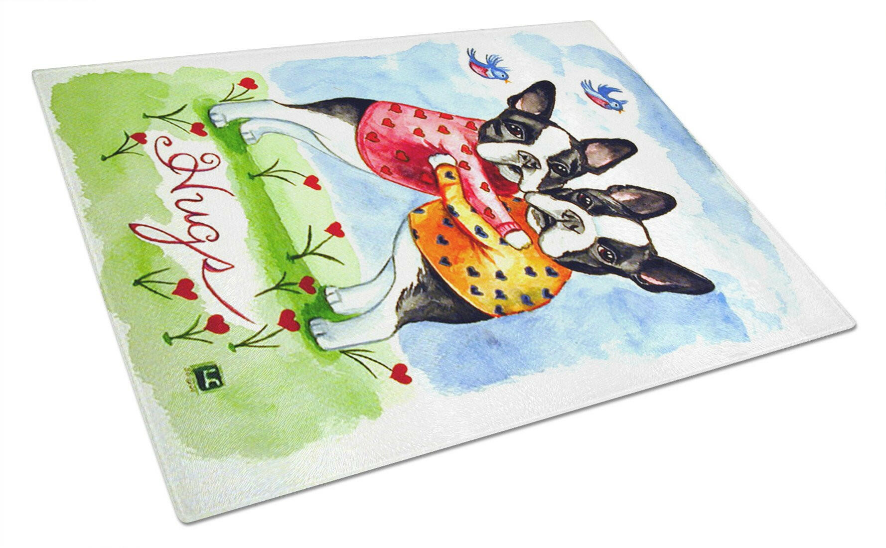 Hugs Boston Terrier Cutting Board Tempered Glass Kitchen Cutting Surface, Heat Resistant Chopping, Non-Slip Feet, Food Prep & Serving