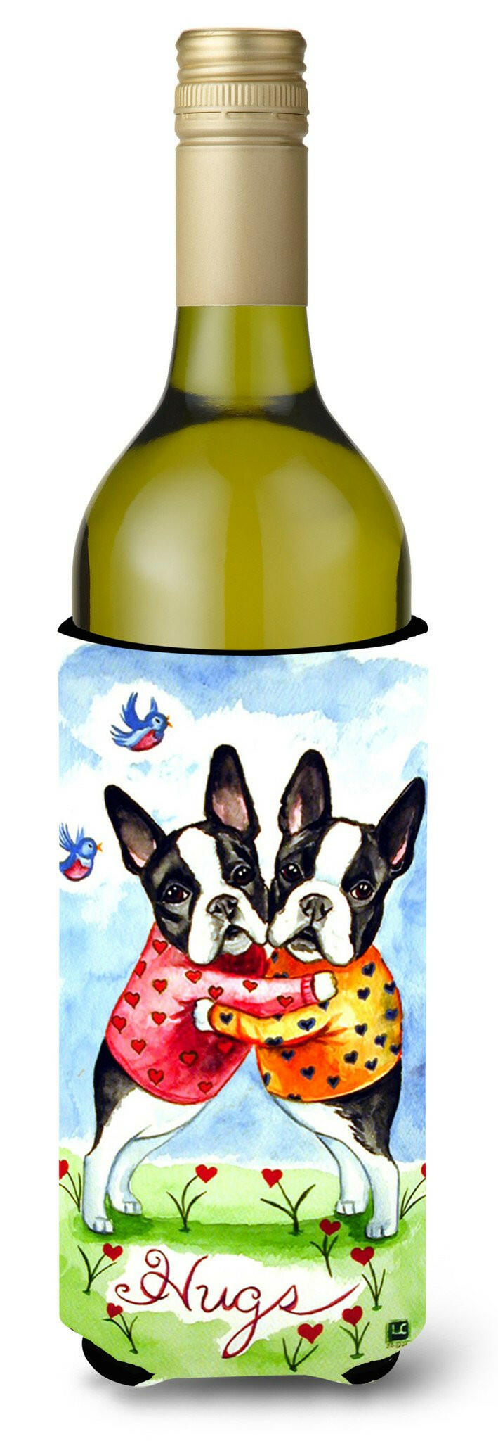 Hugs Boston Terrier Wine Bottle Hugger Gift Sleeve for Standard 750 ml Bottles, Insulated Reusable Also Fits Mini Shot & Pint Bottles