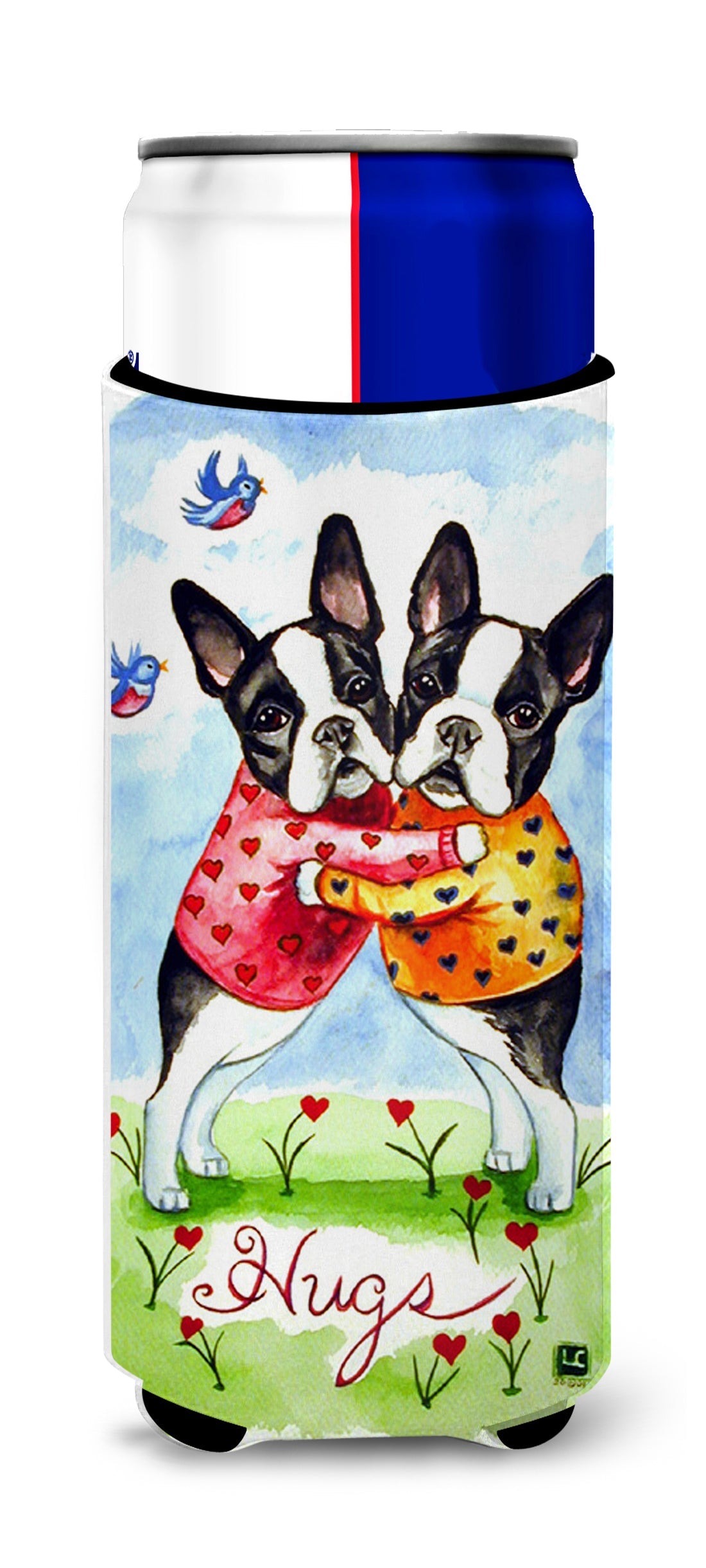Hugs Boston Terrier Slim Can Hugger , Insulated Foam Hugger for 12 oz Slim Cans, Beer Bottles & Water Bottles, Printed in USA