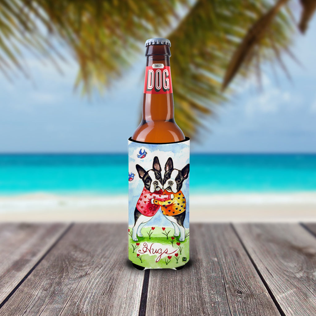 Hugs Boston Terrier Slim Can Hugger , Insulated Foam Hugger for 12 oz Slim Cans, Beer Bottles & Water Bottles, Printed in USA