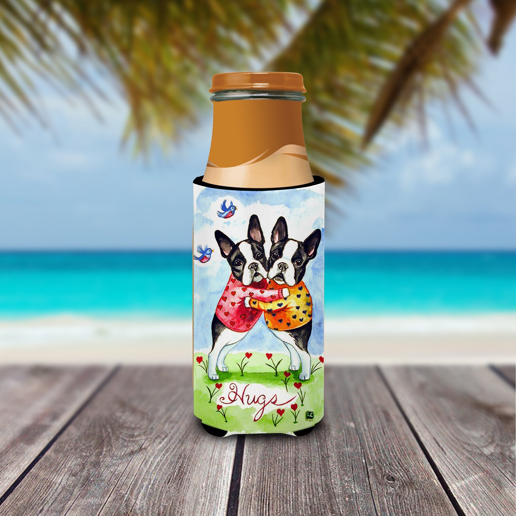 Hugs Boston Terrier Slim Can Hugger , Insulated Foam Hugger for 12 oz Slim Cans, Beer Bottles & Water Bottles, Printed in USA