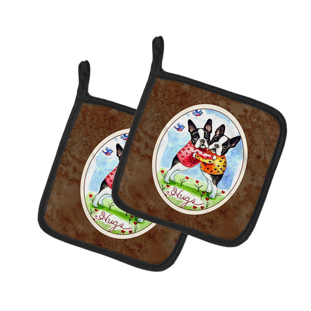 Hugs Boston Terrier Pot Holder Set of 2 Heat Resistant Quilted Hot Pads 7.5 x 7.5 Inch, Insulated Kitchen Trivets for Cooking & Baking