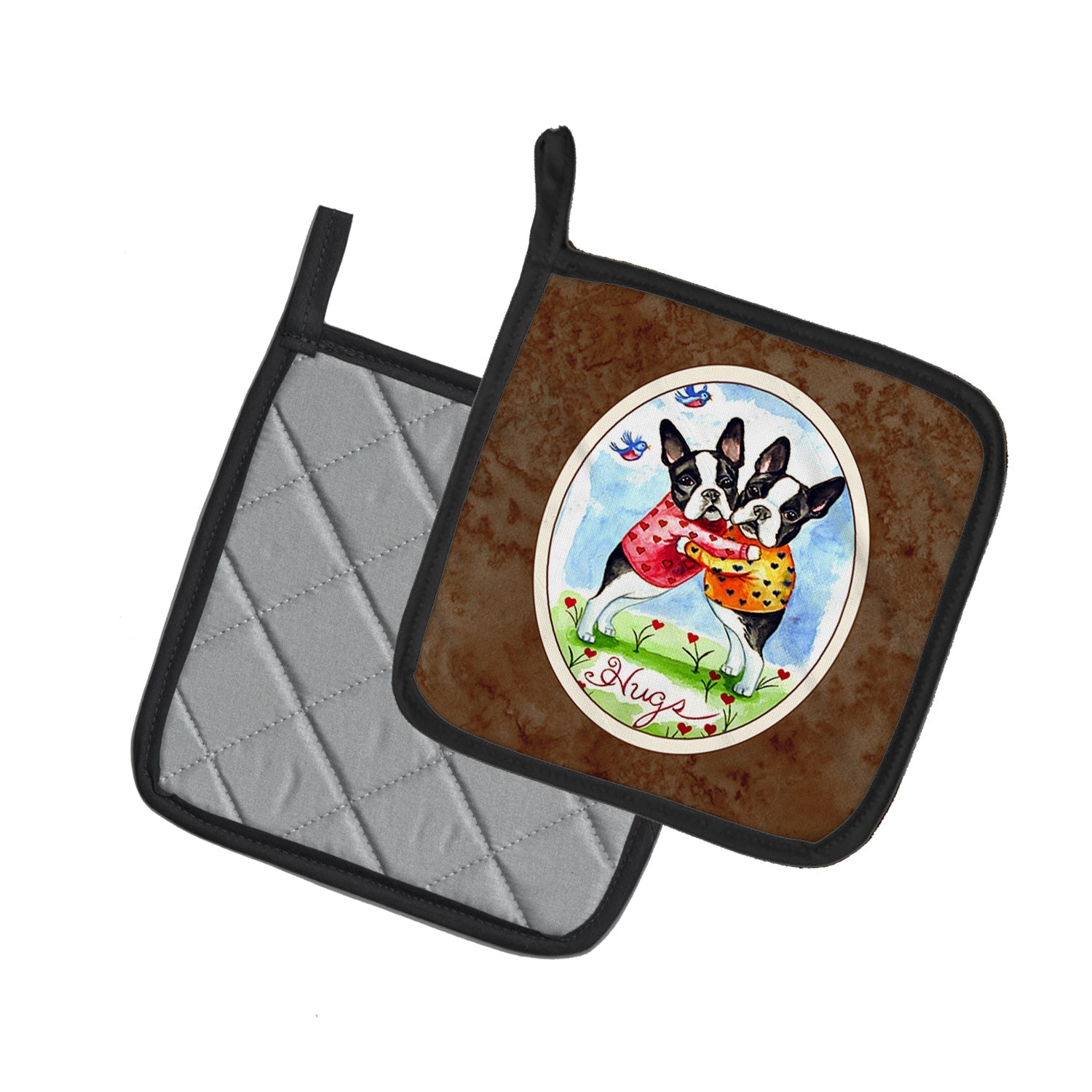Hugs Boston Terrier Pot Holder Set of 2 Heat Resistant Quilted Hot Pads 7.5 x 7.5 Inch, Insulated Kitchen Trivets for Cooking & Baking
