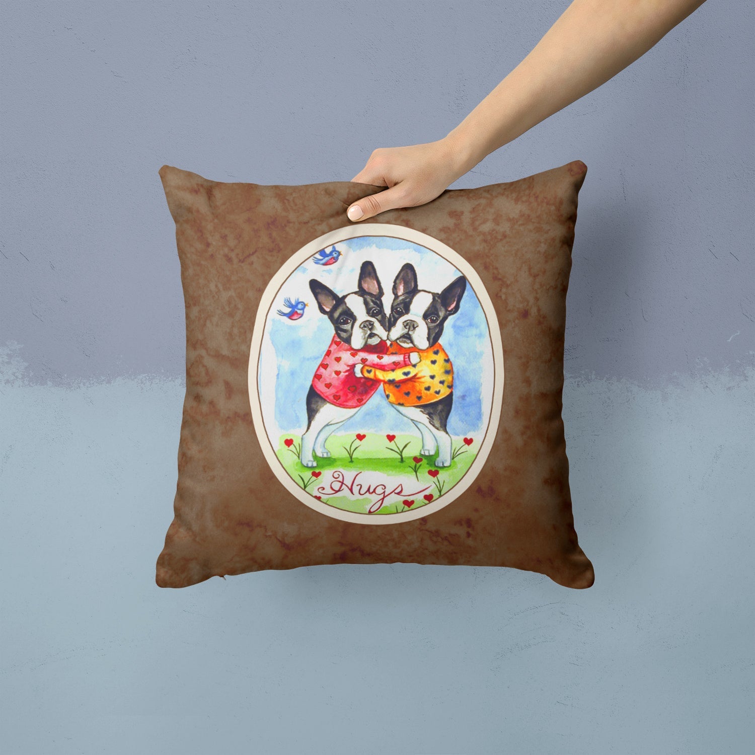 Hugs Boston Terrier Decorative Throw Pillow 14x14 Indoor Outdoor Accent Cushion, Fabric Cover with Insert for Sofa, Bed, Porch & Living Room