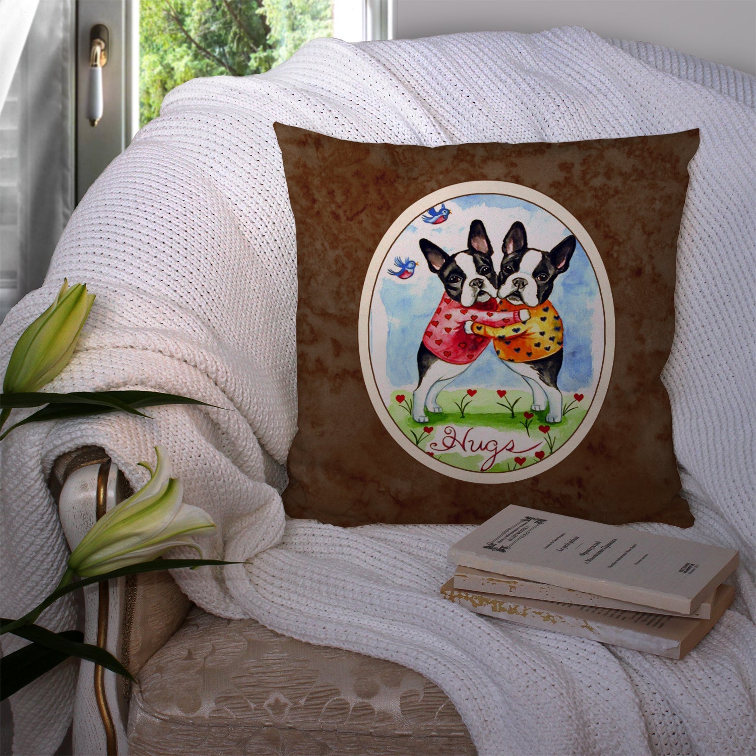 Hugs Boston Terrier Decorative Throw Pillow 14x14 Indoor Outdoor Accent Cushion, Fabric Cover with Insert for Sofa, Bed, Porch & Living Room