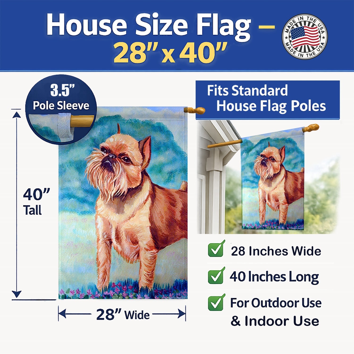 Brussels Griffon House Flag 28x40 Porch Sleeve Pole Decorative Outside Yard Banner Artwork Wall Hanging, Polyester