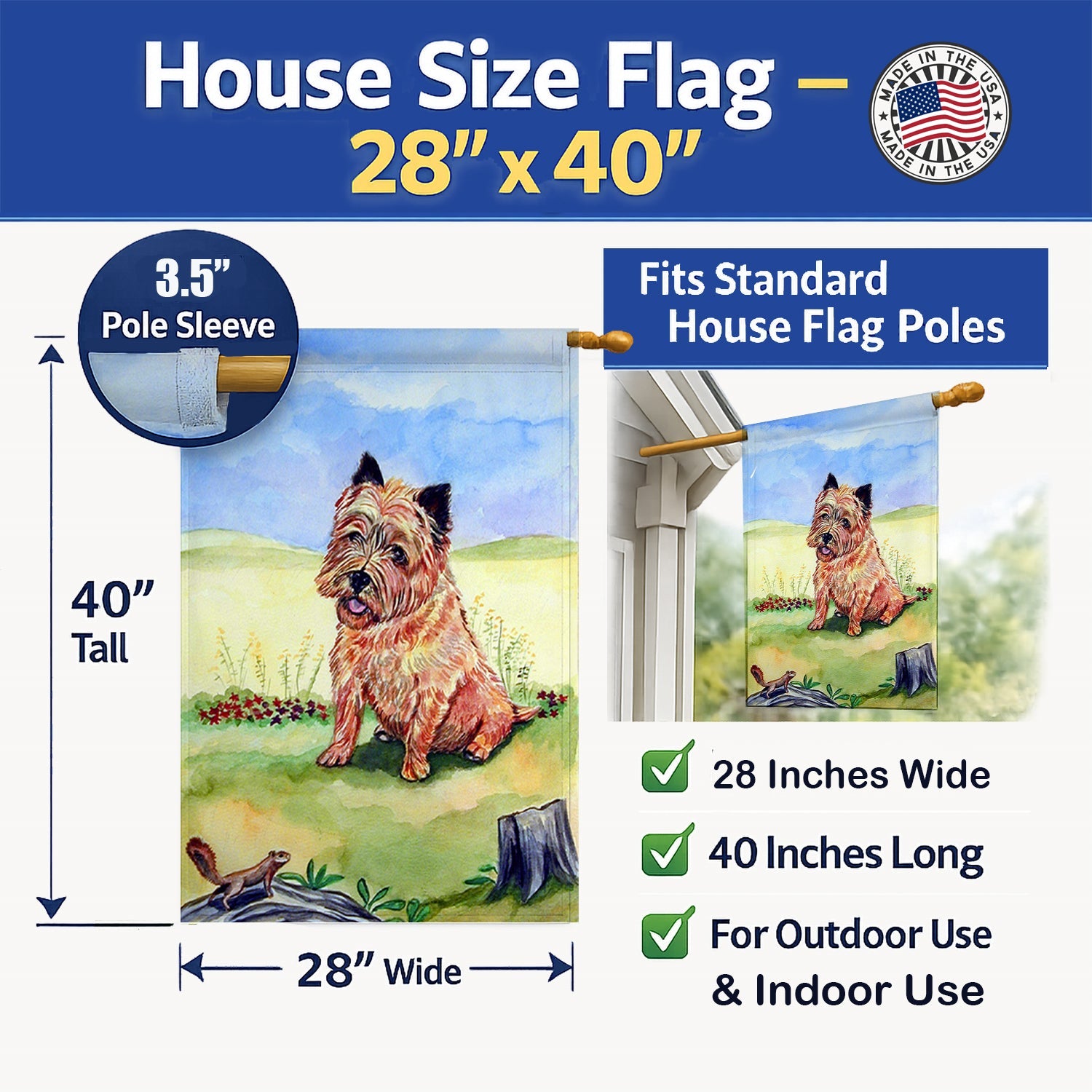 Cairn Terrier and the Chipmunk House Flag 28x40 Porch Sleeve Pole Decorative Outside Yard Banner Artwork Wall Hanging, Polyester