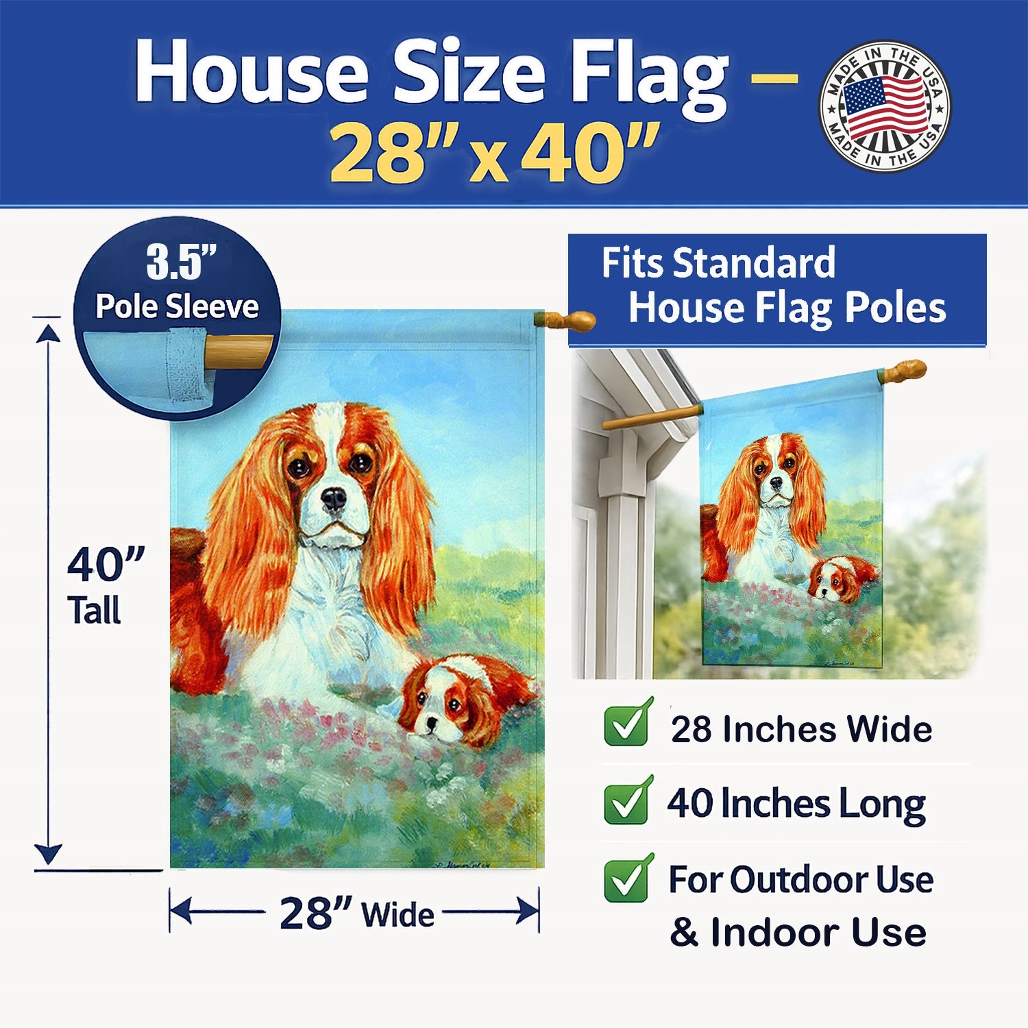 Cavalier Spaniel Momma's Love House Flag 28x40 Porch Sleeve Pole Decorative Outside Yard Banner Artwork Wall Hanging, Polyester