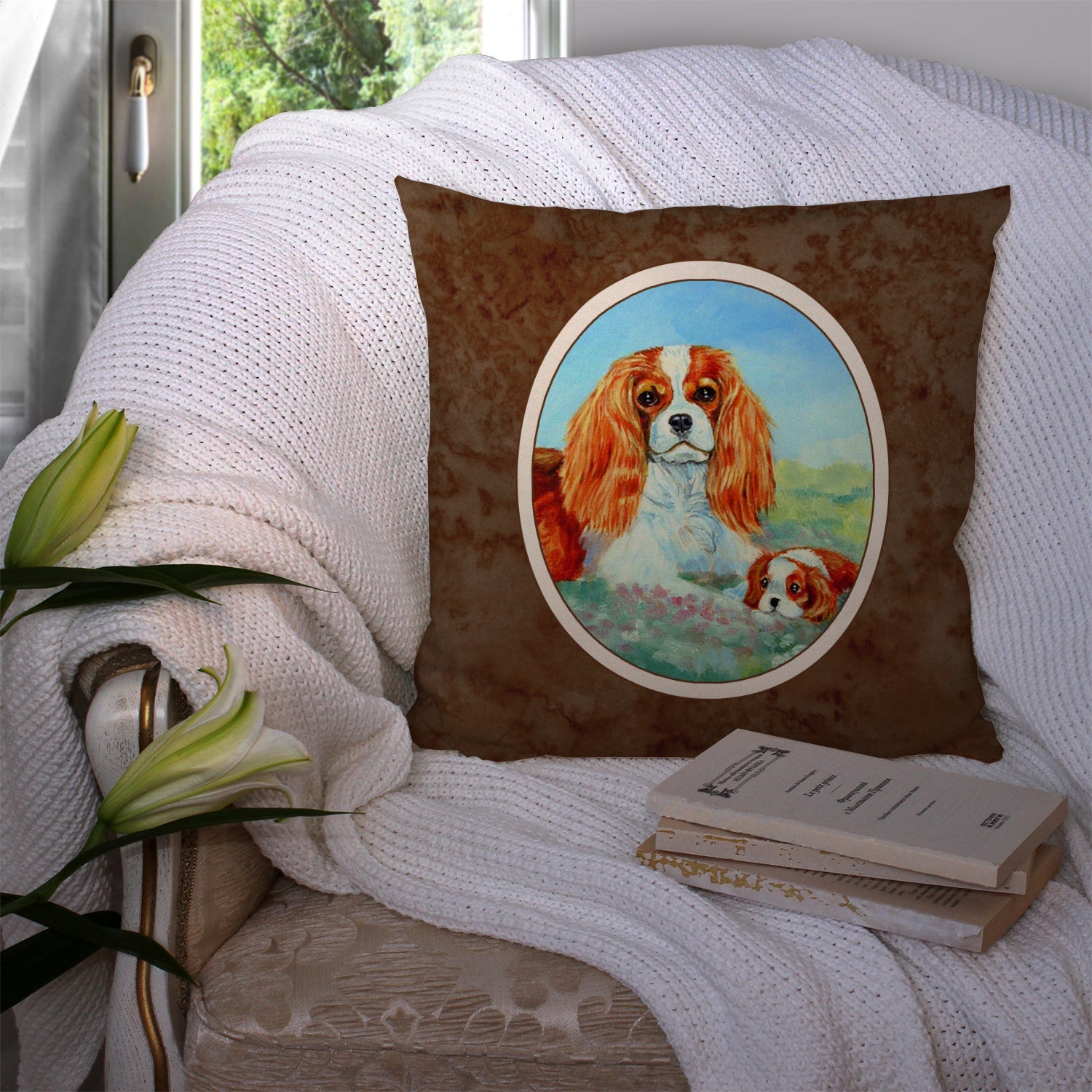 Cavalier Spaniel Momma's Love Decorative Throw Pillow 14x14 Indoor Outdoor Accent Cushion, Fabric Cover with Insert for Sofa, Bed, Porch & Living Room