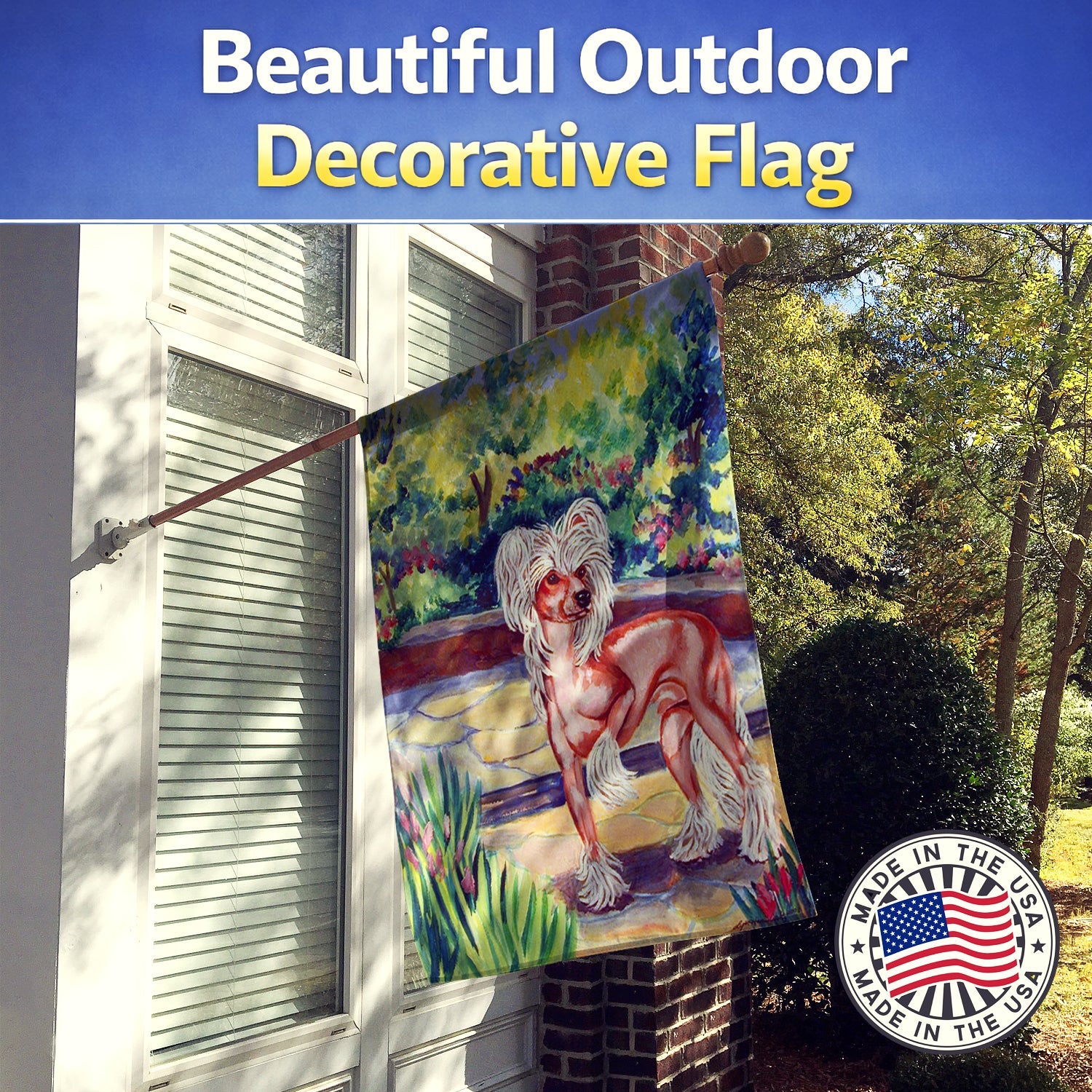 Chinese Crested on the Patio House Flag 28x40 Porch Sleeve Pole Decorative Outside Yard Banner Artwork Wall Hanging, Polyester