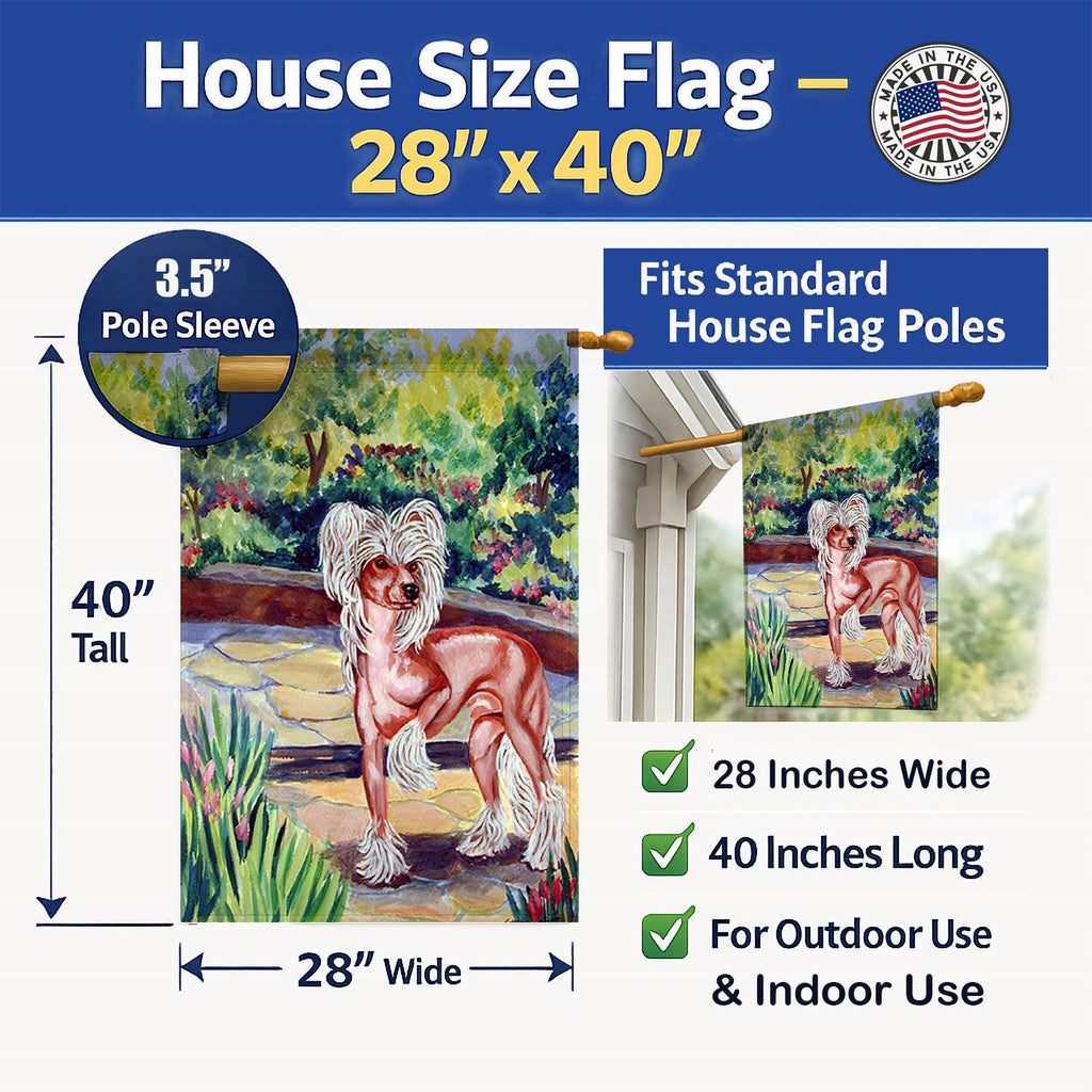 Chinese Crested on the Patio House Flag 28x40 Porch Sleeve Pole Decorative Outside Yard Banner Artwork Wall Hanging, Polyester