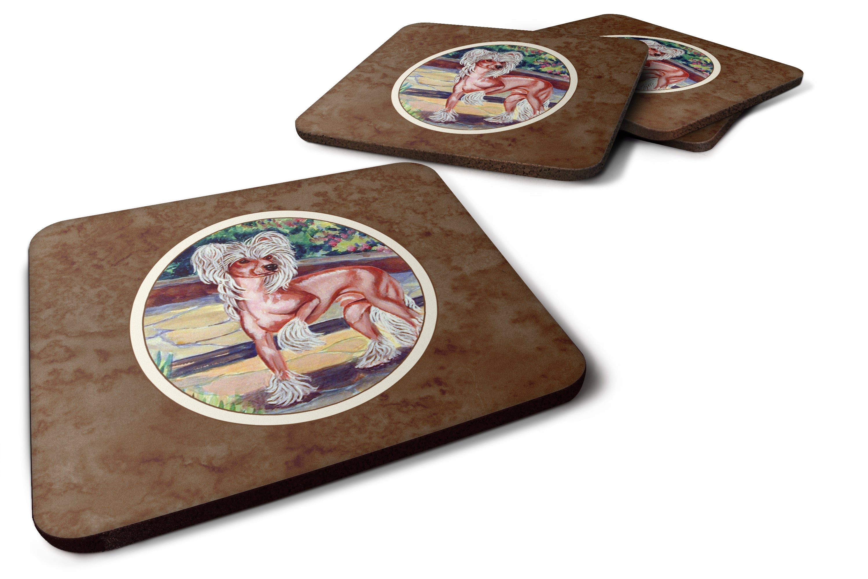 Chinese Crested on the Patio Foam Coasters Set of 4 Cup Coasters for Indoor Outdoor, Tabletop Protection, Anti Slip, Mouse pad Material
