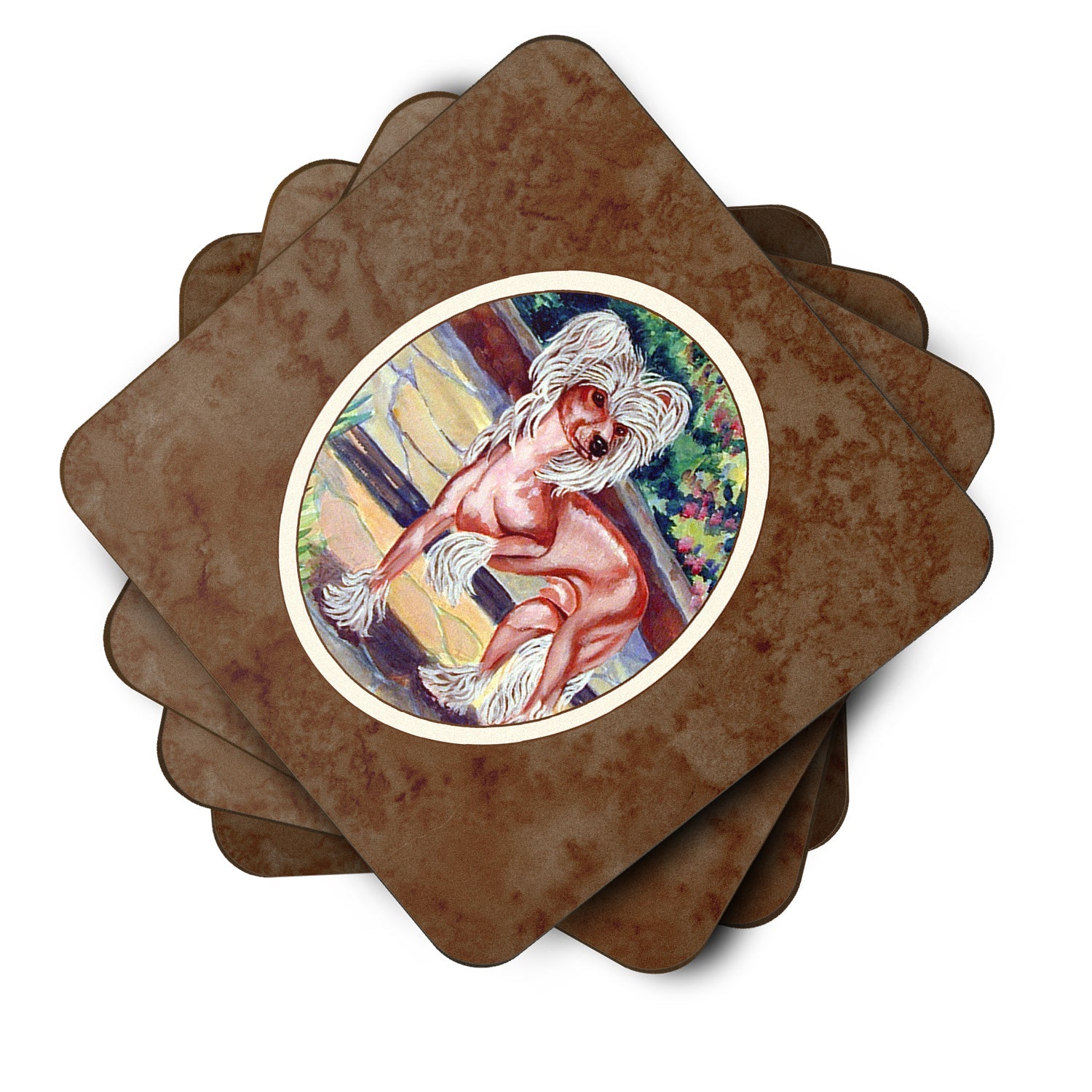 Chinese Crested on the Patio Foam Coasters Set of 4 Cup Coasters for Indoor Outdoor, Tabletop Protection, Anti Slip, Mouse pad Material