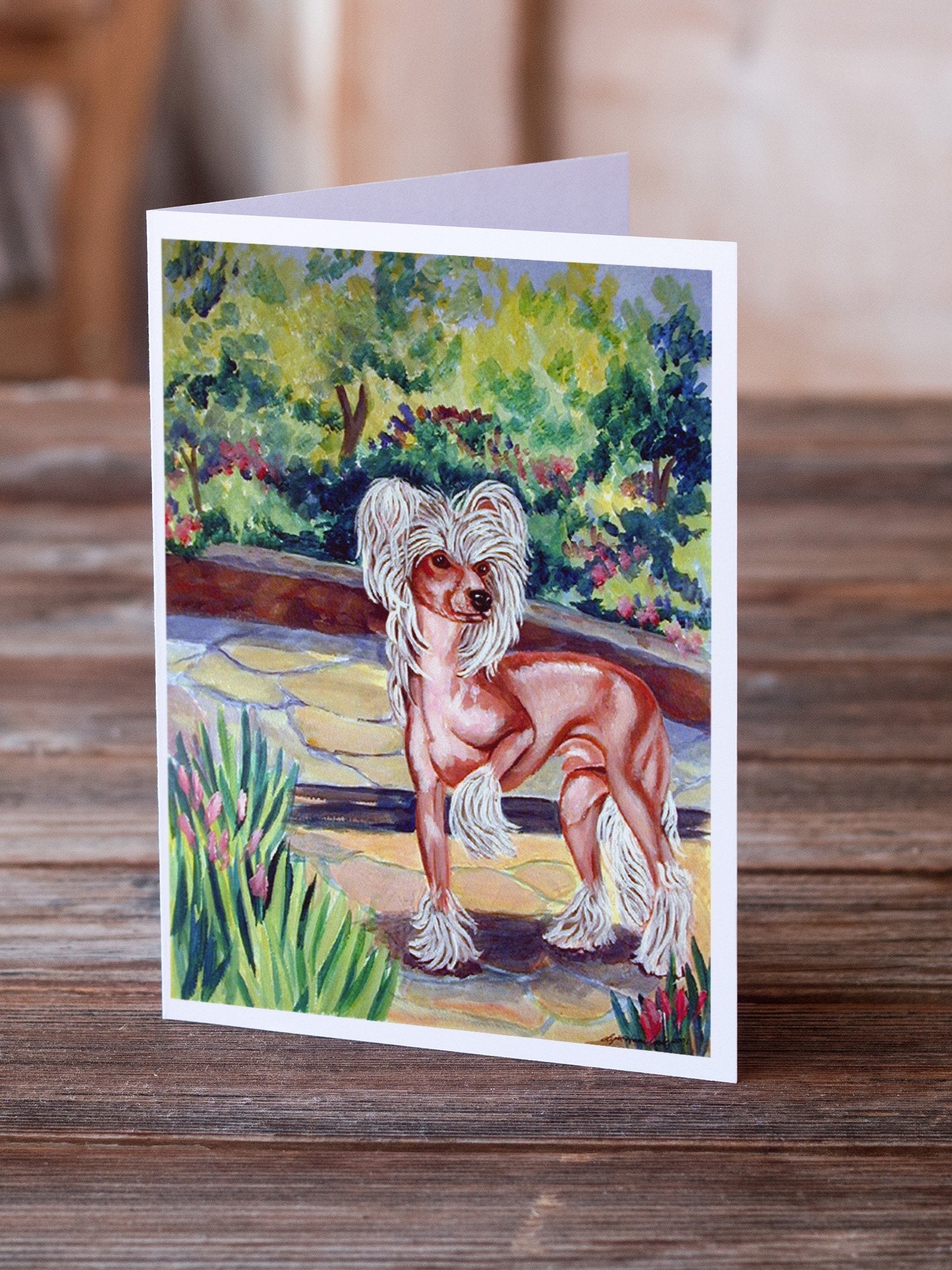 Chinese Crested on the Patio Greeting Cards Pack of 8 Blank Cards with Envelopes Whimsical A7 Size 5x7