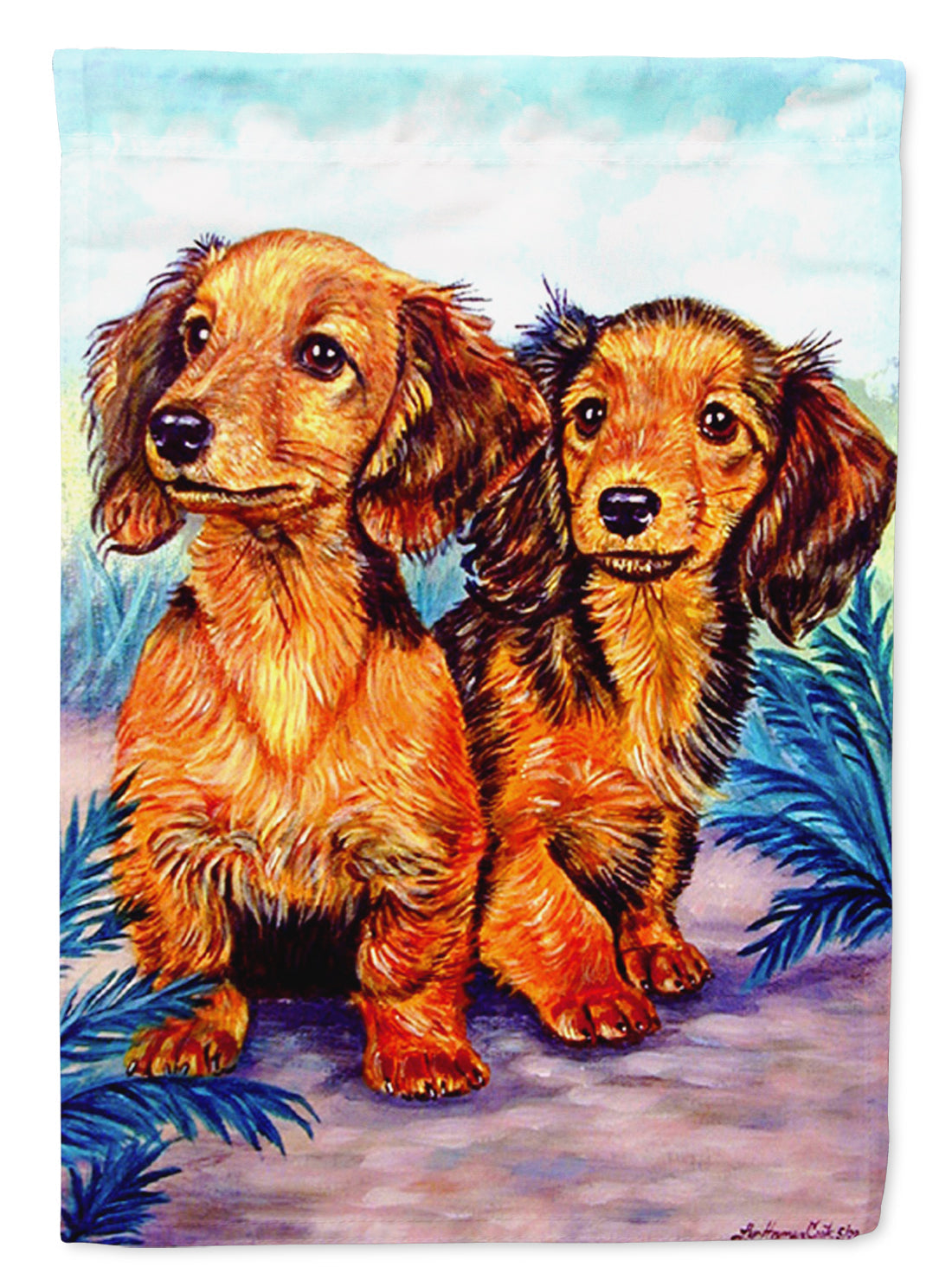 Long Hair Red Dachshund Two Peas House Flag 28x40 Porch Sleeve Pole Decorative Outside Yard Banner Artwork Wall Hanging, Polyester