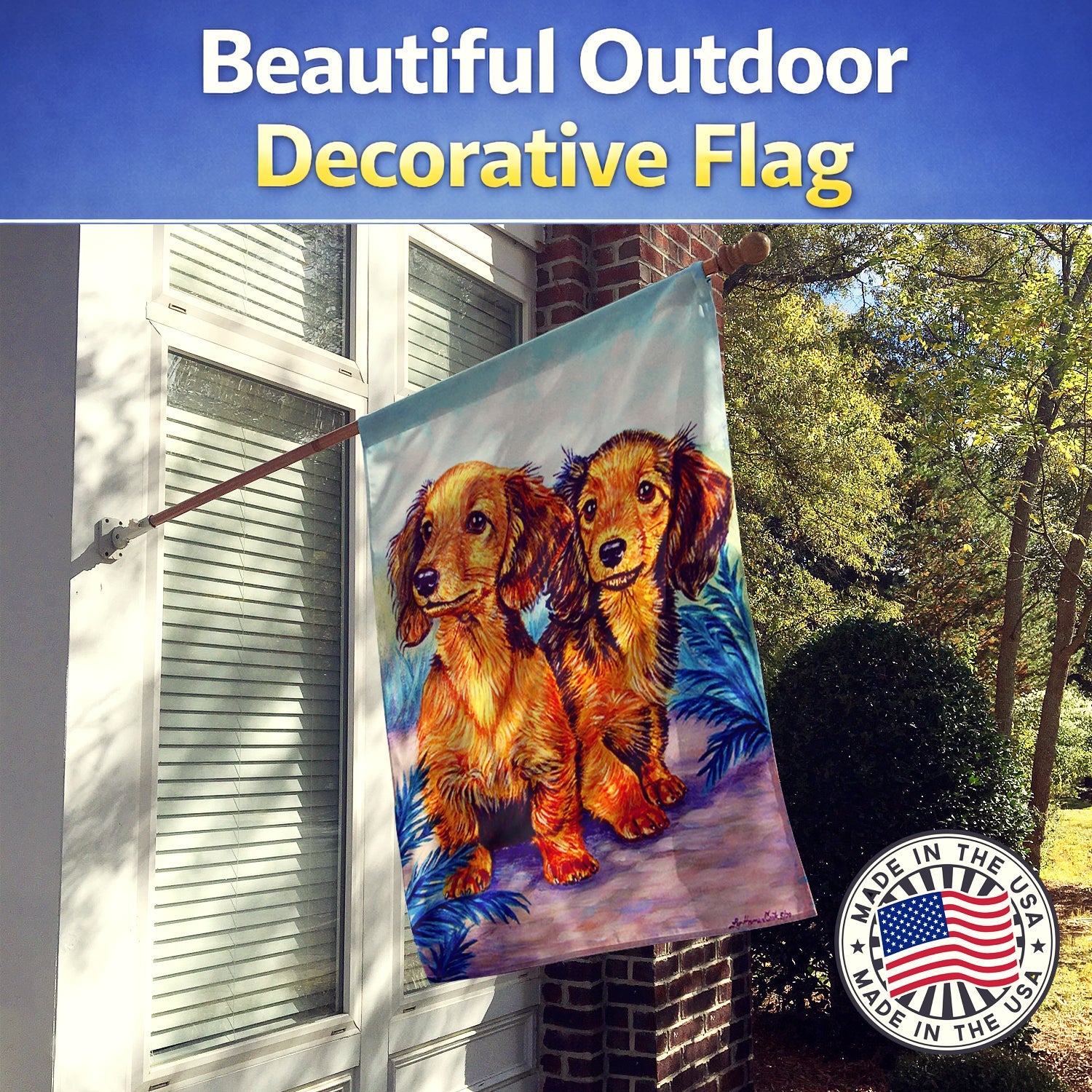 Long Hair Red Dachshund Two Peas House Flag 28x40 Porch Sleeve Pole Decorative Outside Yard Banner Artwork Wall Hanging, Polyester
