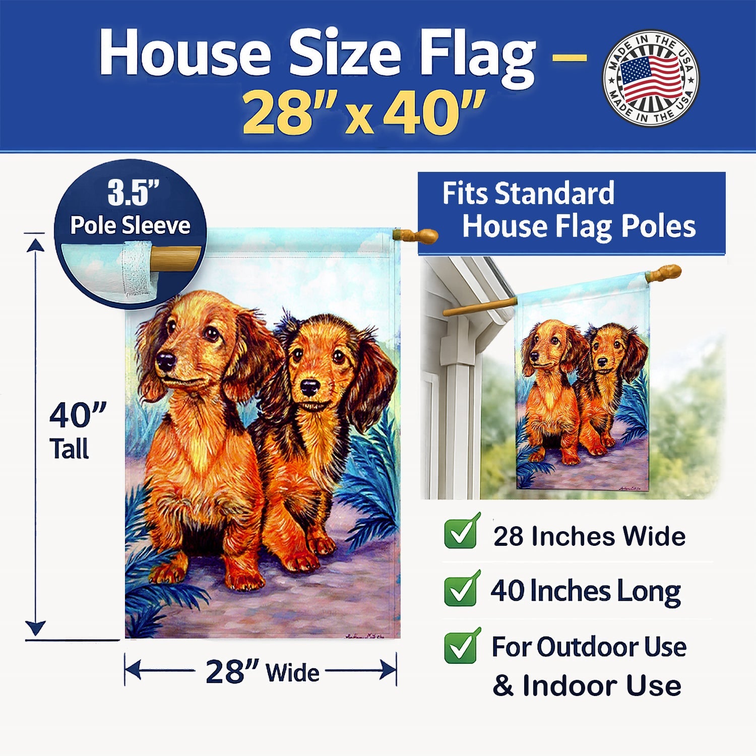 Long Hair Red Dachshund Two Peas House Flag 28x40 Porch Sleeve Pole Decorative Outside Yard Banner Artwork Wall Hanging, Polyester