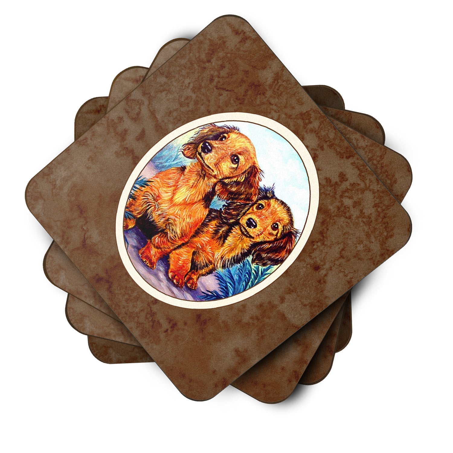Long Hair Red Dachshund Two Peas Foam Coasters Set of 4 Cup Coasters for Indoor Outdoor, Tabletop Protection, Anti Slip, Mouse pad Material
