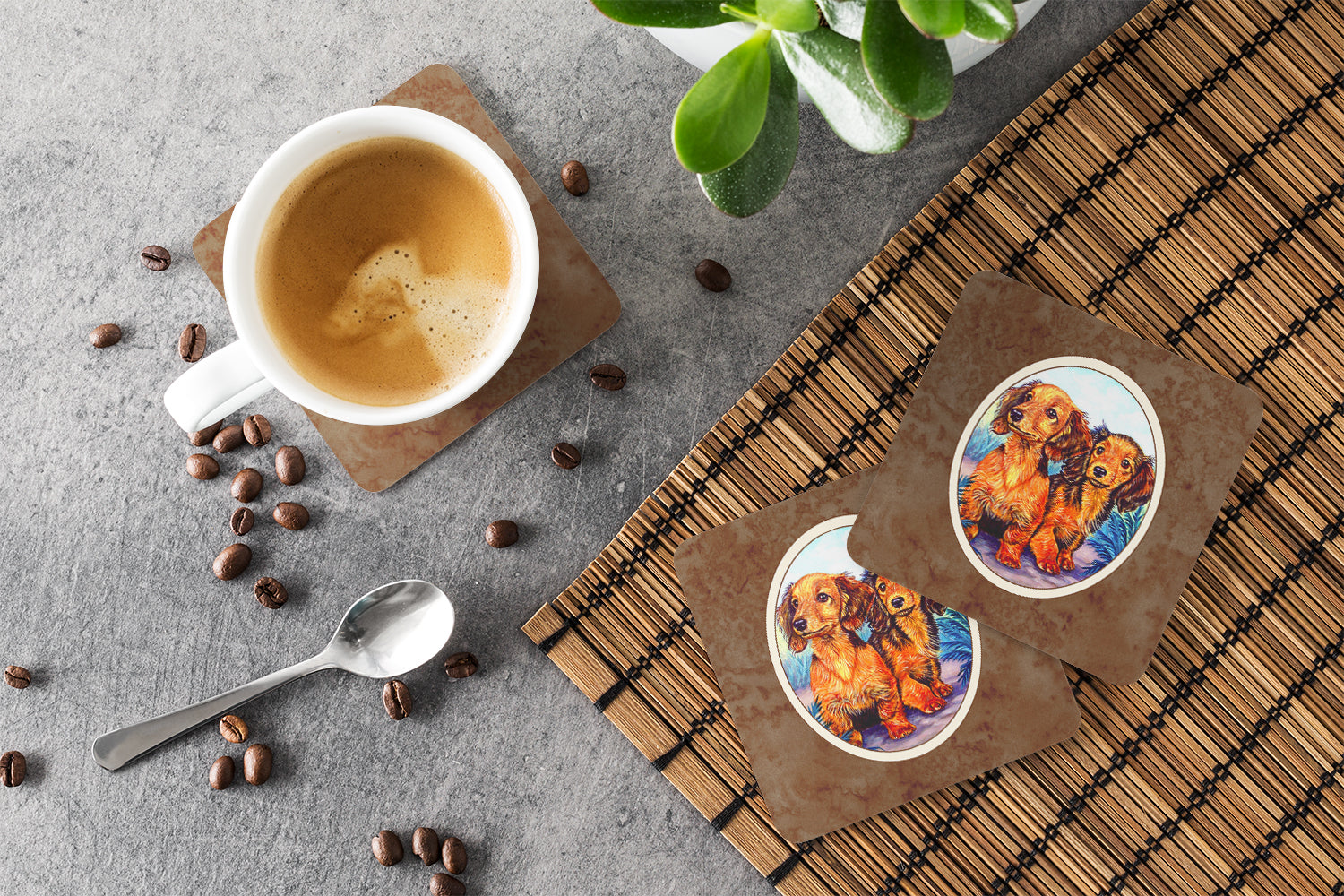 Long Hair Red Dachshund Two Peas Foam Coasters Set of 4 Cup Coasters for Indoor Outdoor, Tabletop Protection, Anti Slip, Mouse pad Material