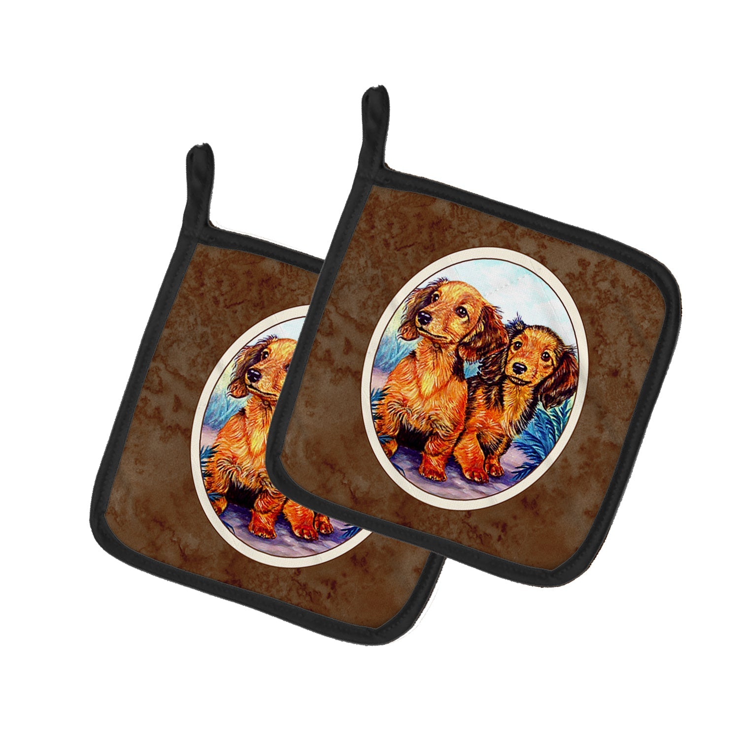Long Hair Red Dachshund Two Peas Pot Holder Set of 2 Heat Resistant Quilted Hot Pads 7.5 x 7.5 Inch, Insulated Kitchen Trivets for Cooking & Baking