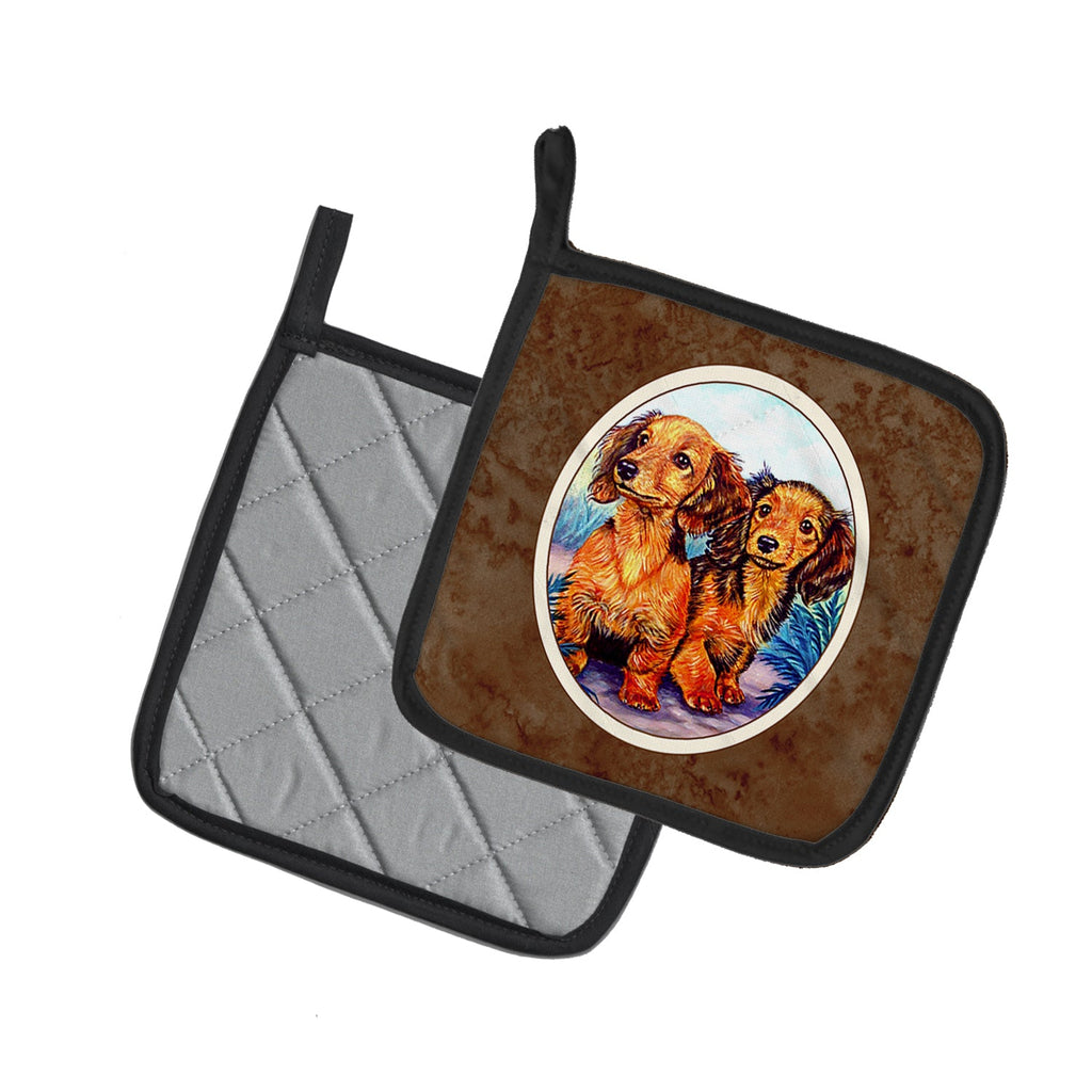Long Hair Red Dachshund Two Peas Pot Holder Set of 2 Heat Resistant Quilted Hot Pads 7.5 x 7.5 Inch, Insulated Kitchen Trivets for Cooking & Baking