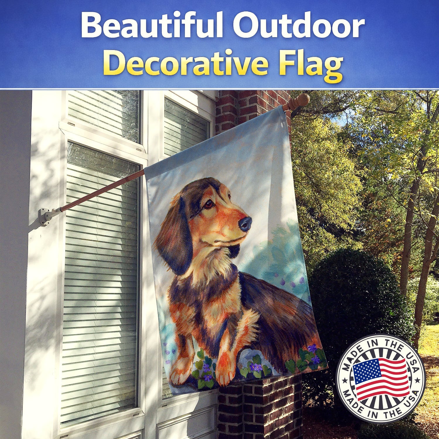 Long Hair Chocolate and Cream Dachshund House Flag 28x40 Porch Sleeve Pole Decorative Outside Yard Banner Artwork Wall Hanging, Polyester