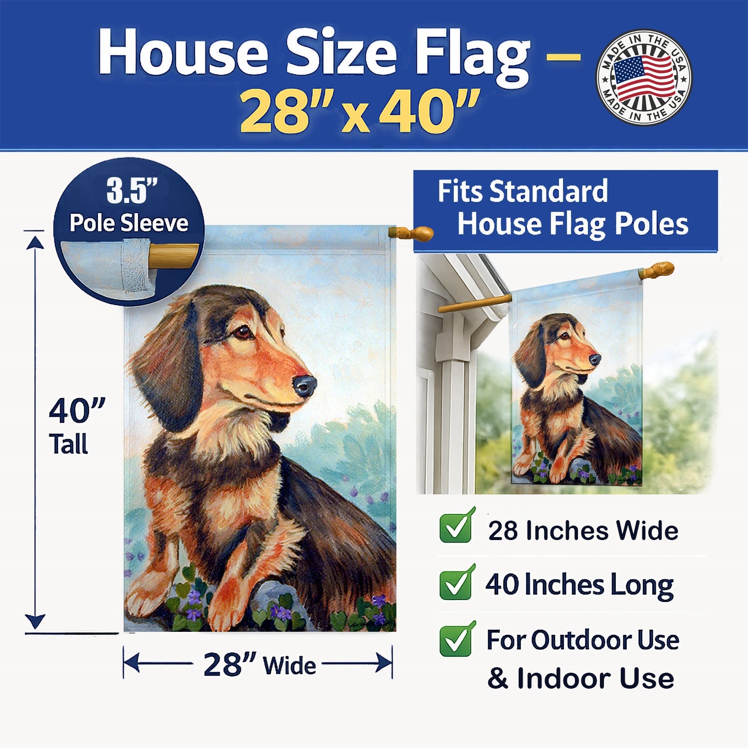 Long Hair Chocolate and Cream Dachshund House Flag 28x40 Porch Sleeve Pole Decorative Outside Yard Banner Artwork Wall Hanging, Polyester