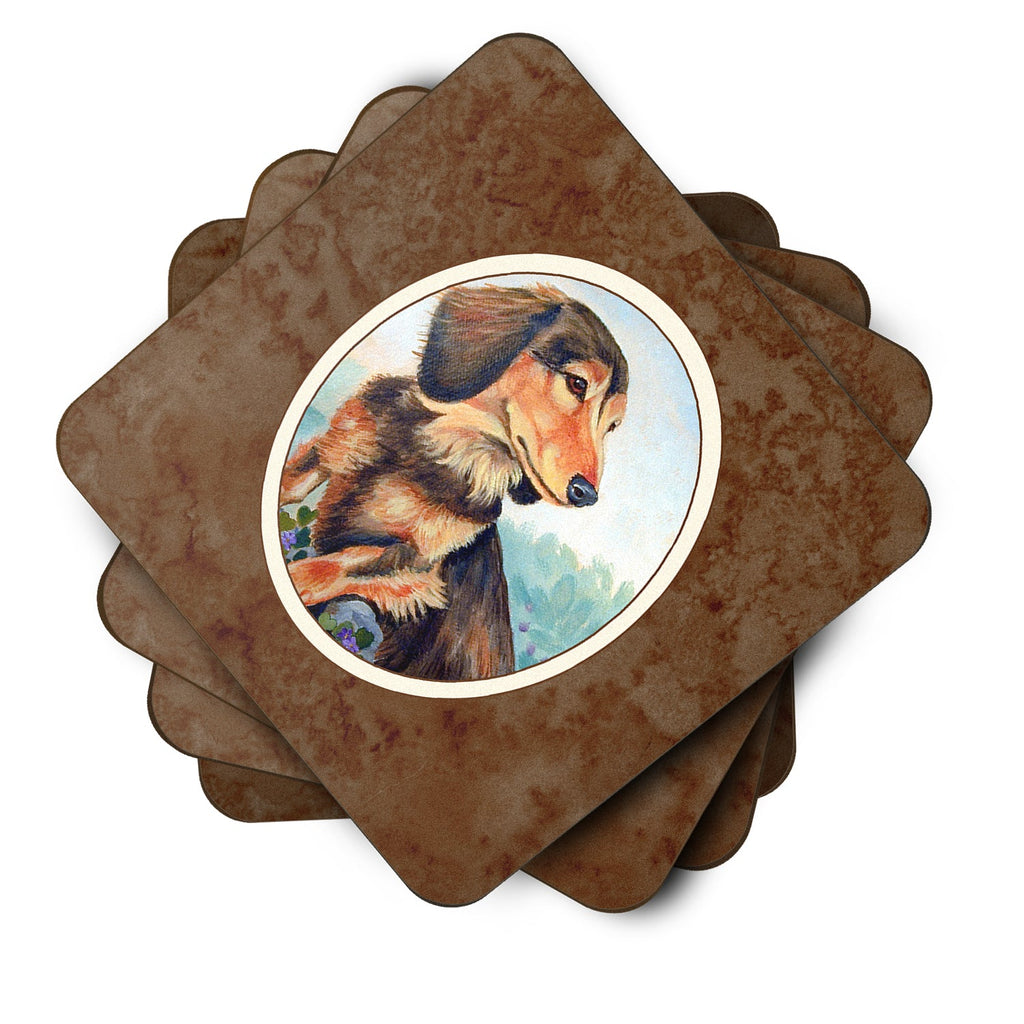Long Hair Chocolate and Cream Dachshund Foam Coasters Set of 4 Cup Coasters for Indoor Outdoor, Tabletop Protection, Anti Slip, Mouse pad Material