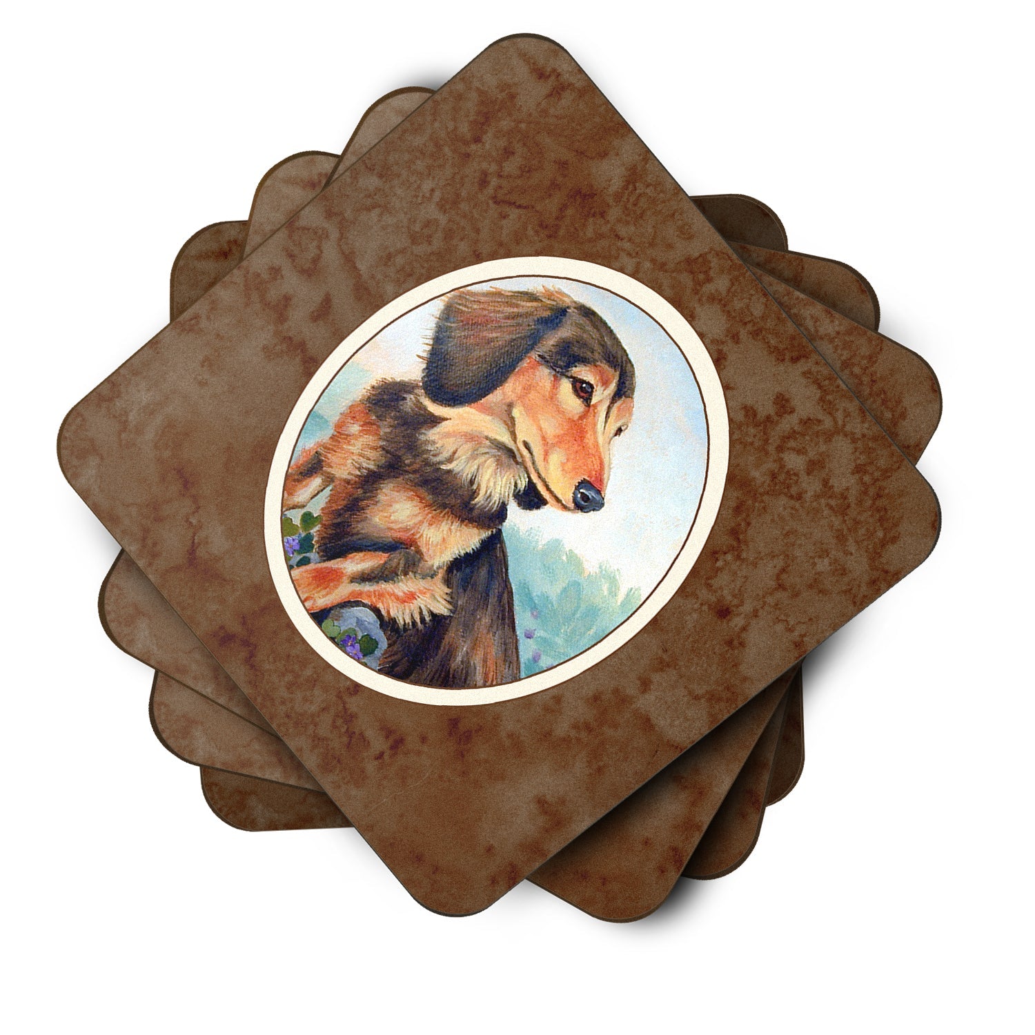 Long Hair Chocolate and Cream Dachshund Foam Coasters Set of 4 Cup Coasters for Indoor Outdoor, Tabletop Protection, Anti Slip, Mouse pad Material
