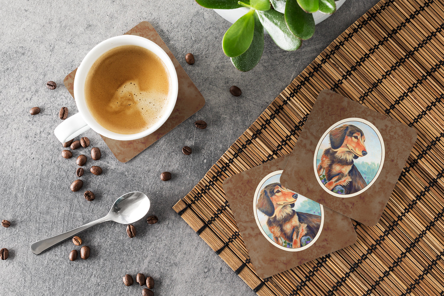 Long Hair Chocolate and Cream Dachshund Foam Coasters Set of 4 Cup Coasters for Indoor Outdoor, Tabletop Protection, Anti Slip, Mouse pad Material