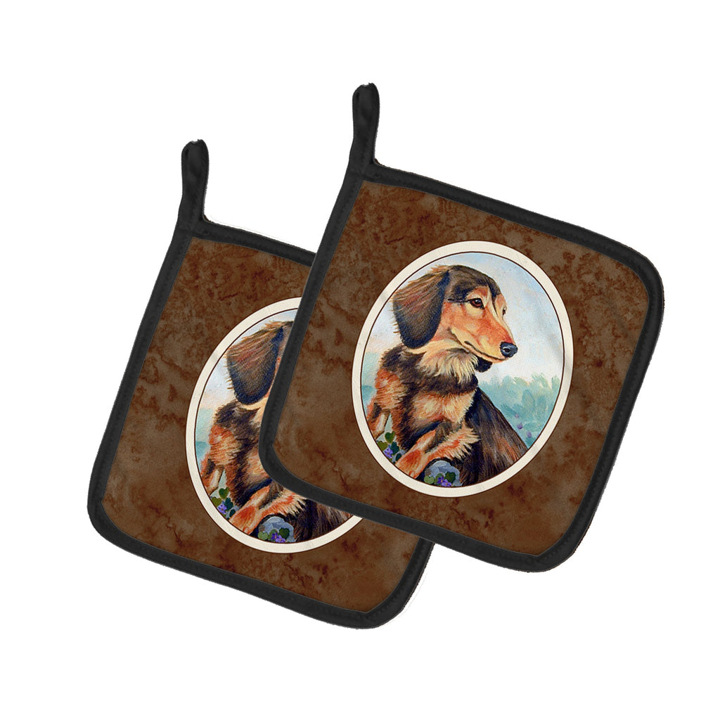 Long Hair Chocolate and Cream Dachshund Pot Holder Set of 2 Heat Resistant Quilted Hot Pads 7.5 x 7.5 Inch, Insulated Kitchen Trivets for Cooking & Baking