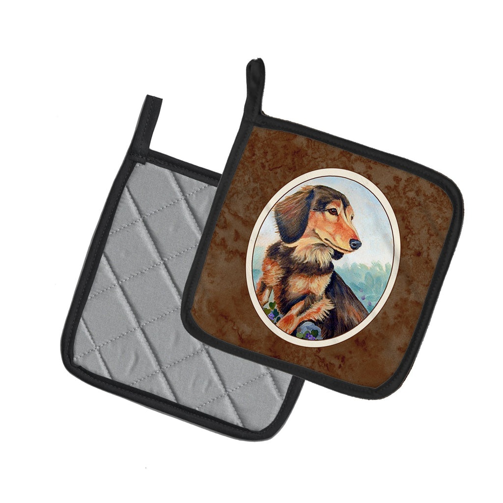 Long Hair Chocolate and Cream Dachshund Pot Holder Set of 2 Heat Resistant Quilted Hot Pads 7.5 x 7.5 Inch, Insulated Kitchen Trivets for Cooking & Baking
