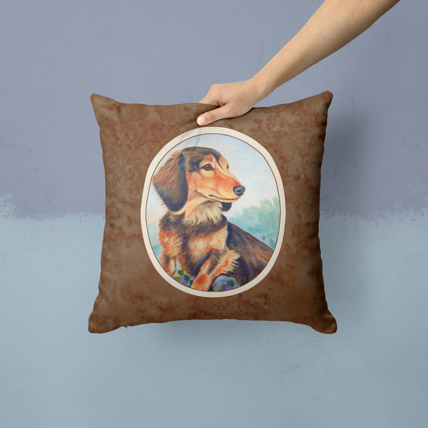 Long Hair Chocolate and Cream Dachshund Decorative Throw Pillow 14x14 Indoor Outdoor Accent Cushion, Fabric Cover with Insert for Sofa, Bed, Porch & Living Room