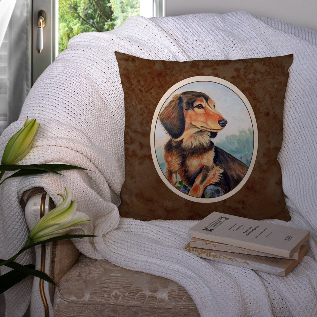 Long Hair Chocolate and Cream Dachshund Decorative Throw Pillow 14x14 Indoor Outdoor Accent Cushion, Fabric Cover with Insert for Sofa, Bed, Porch & Living Room