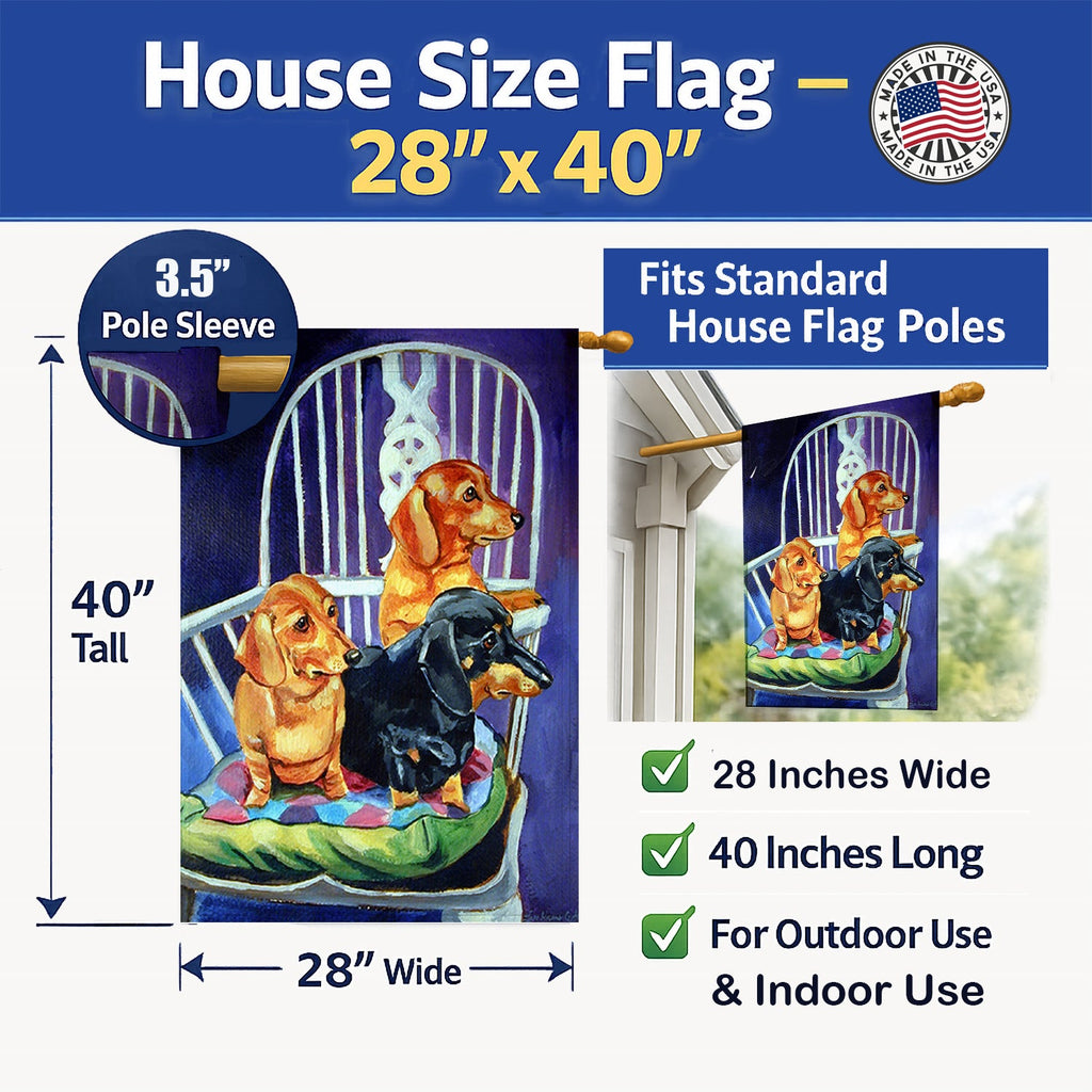 Dachshund Two Red and a Black and Tan House Flag 28x40 Porch Sleeve Pole Decorative Outside Yard Banner Artwork Wall Hanging, Polyester