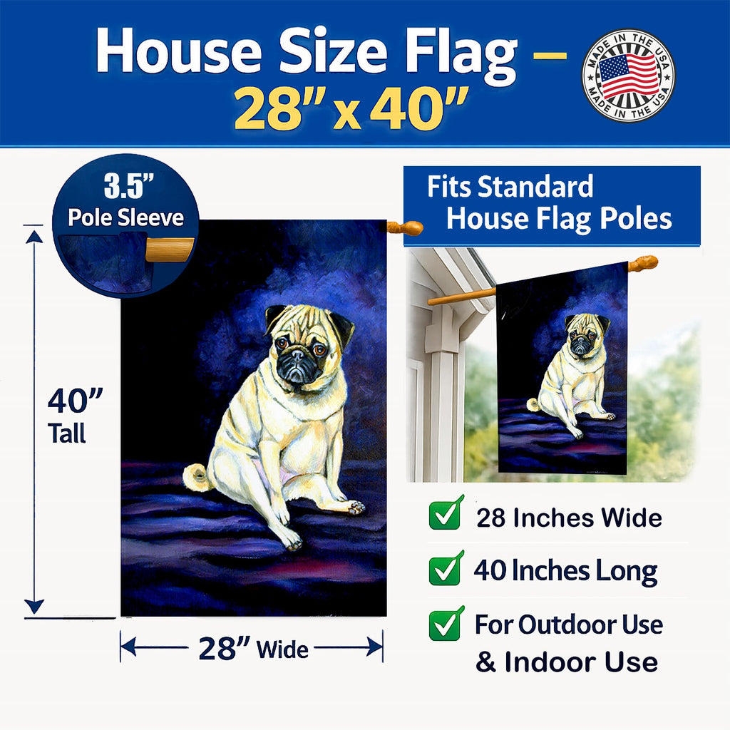 Fawn Pug Penny for your thoughts House Flag 28x40 Porch Sleeve Pole Decorative Outside Yard Banner Artwork Wall Hanging, Polyester