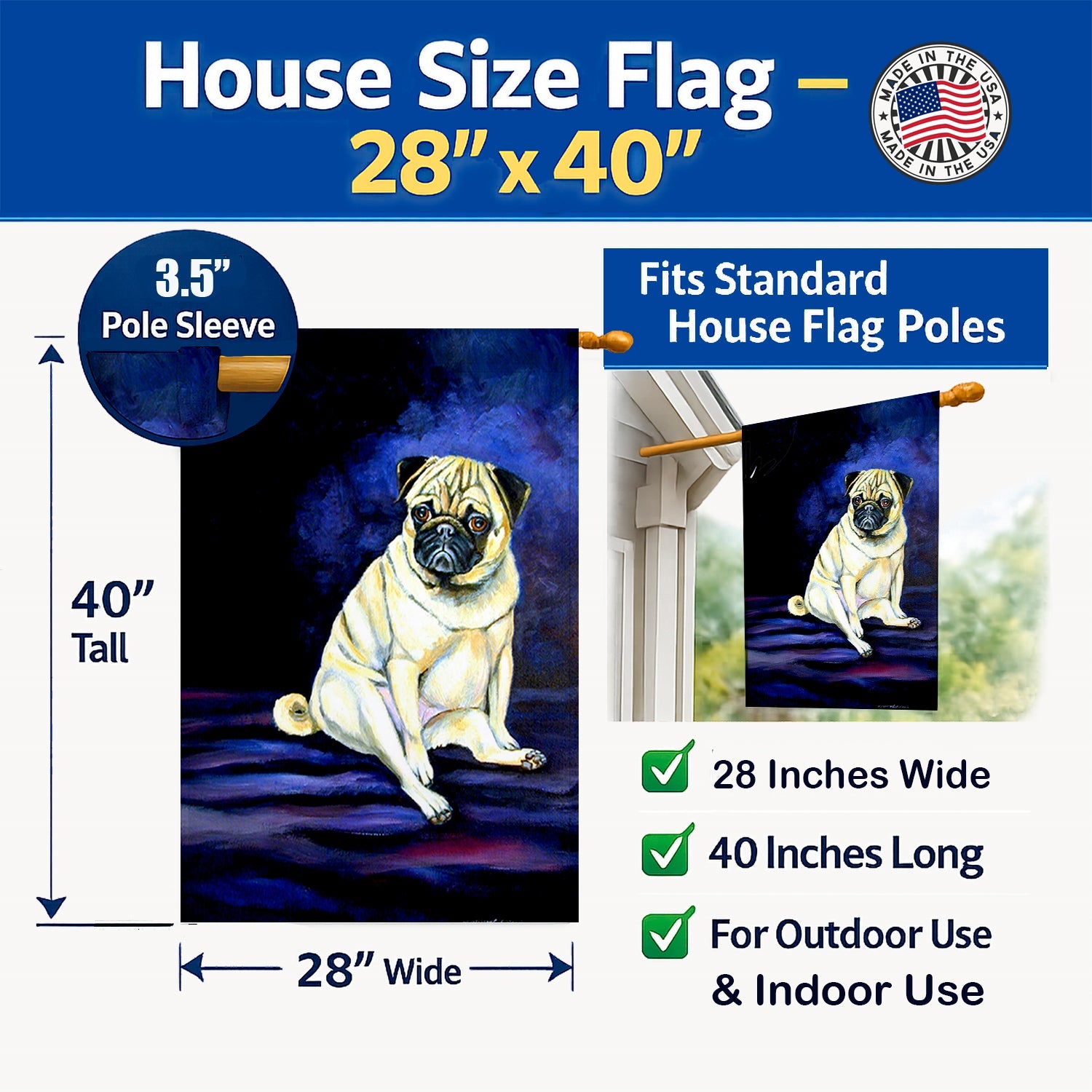 Fawn Pug Penny for your thoughts House Flag 28x40 Porch Sleeve Pole Decorative Outside Yard Banner Artwork Wall Hanging, Polyester