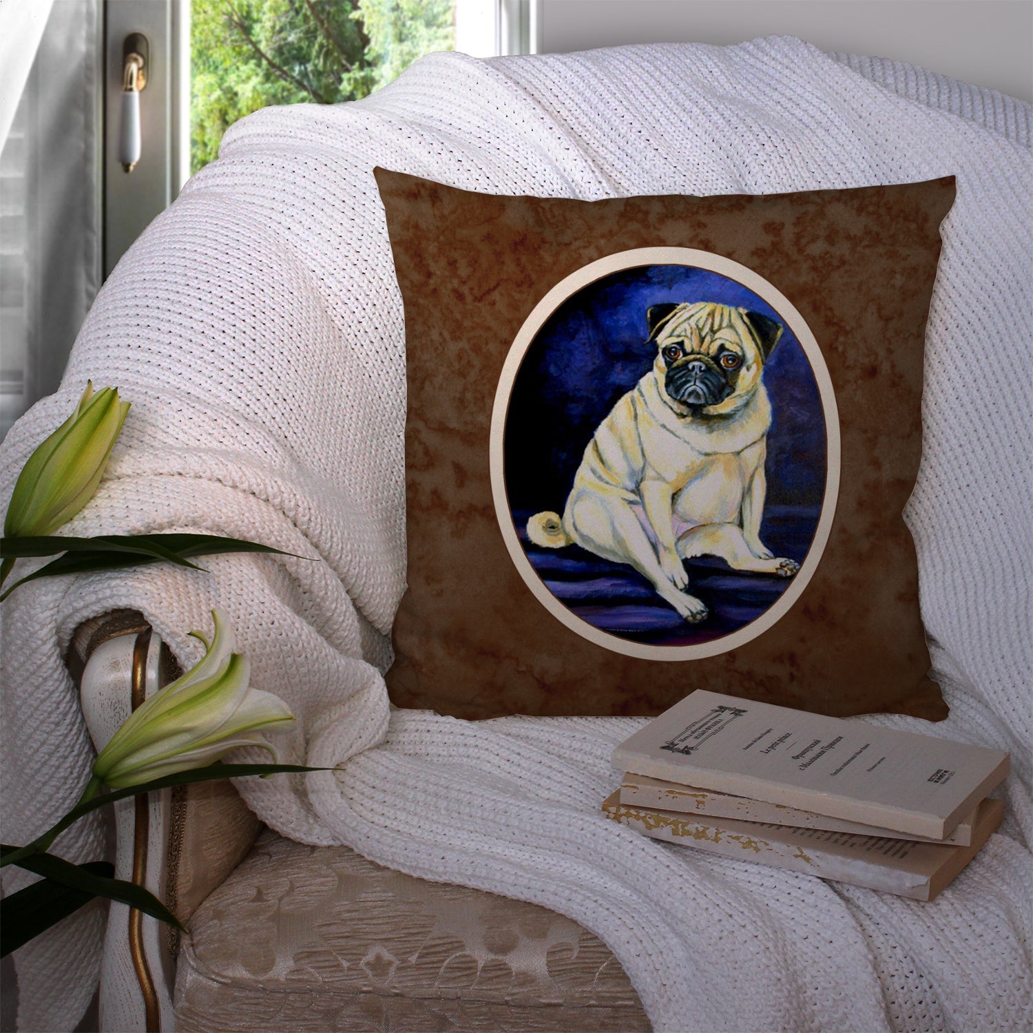 Fawn Pug Penny for your thoughts Decorative Throw Pillow 14x14 Indoor Outdoor Accent Cushion, Fabric Cover with Insert for Sofa, Bed, Porch & Living Room