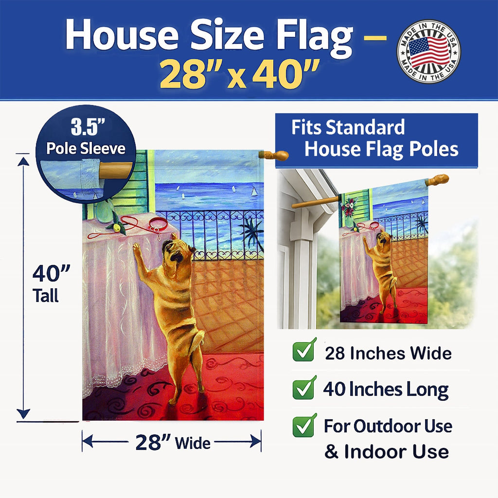 Helping Himself Fawn Pug House Flag 28x40 Porch Sleeve Pole Decorative Outside Yard Banner Artwork Wall Hanging, Polyester