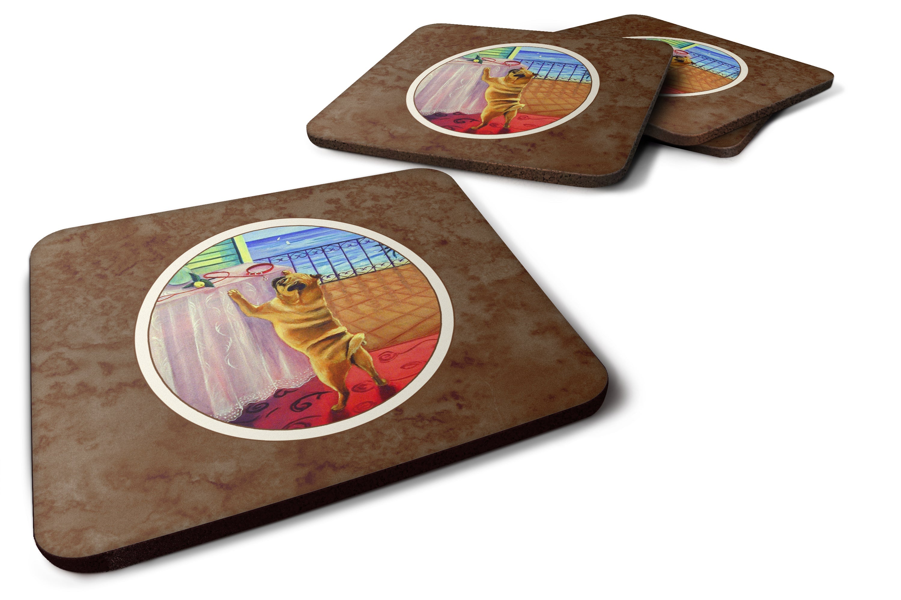 Helping Himself Fawn Pug Foam Coasters Set of 4 Cup Coasters for Indoor Outdoor, Tabletop Protection, Anti Slip, Mouse pad Material