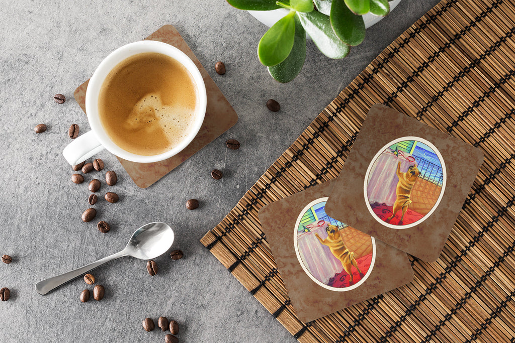 Helping Himself Fawn Pug Foam Coasters Set of 4 Cup Coasters for Indoor Outdoor, Tabletop Protection, Anti Slip, Mouse pad Material