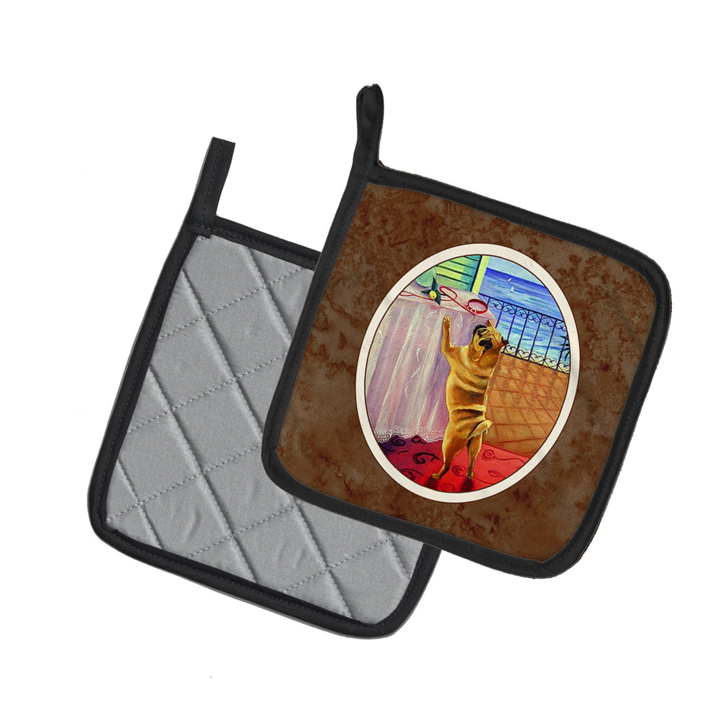 Helping Himself Fawn Pug Pot Holder Set of 2 Heat Resistant Quilted Hot Pads 7.5 x 7.5 Inch, Insulated Kitchen Trivets for Cooking & Baking