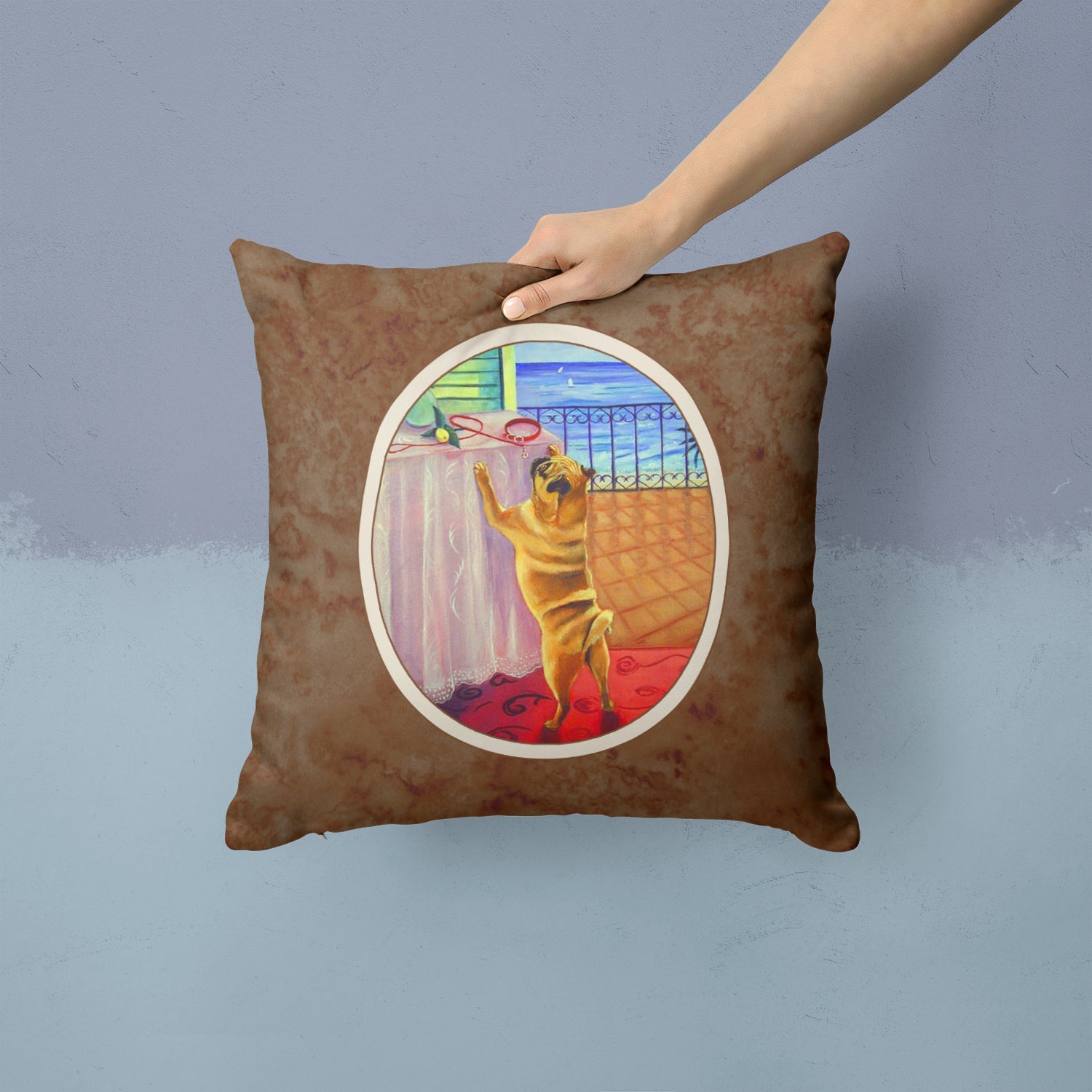 Helping Himself Fawn Pug Decorative Throw Pillow 14x14 Indoor Outdoor Accent Cushion, Fabric Cover with Insert for Sofa, Bed, Porch & Living Room