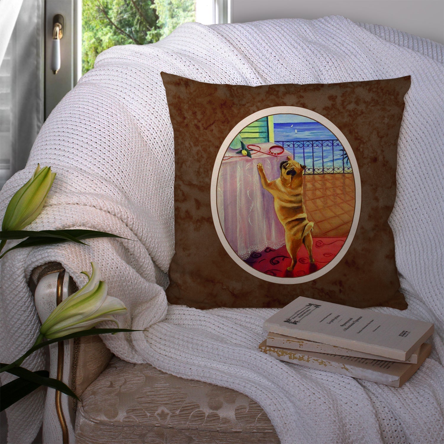Helping Himself Fawn Pug Decorative Throw Pillow 14x14 Indoor Outdoor Accent Cushion, Fabric Cover with Insert for Sofa, Bed, Porch & Living Room